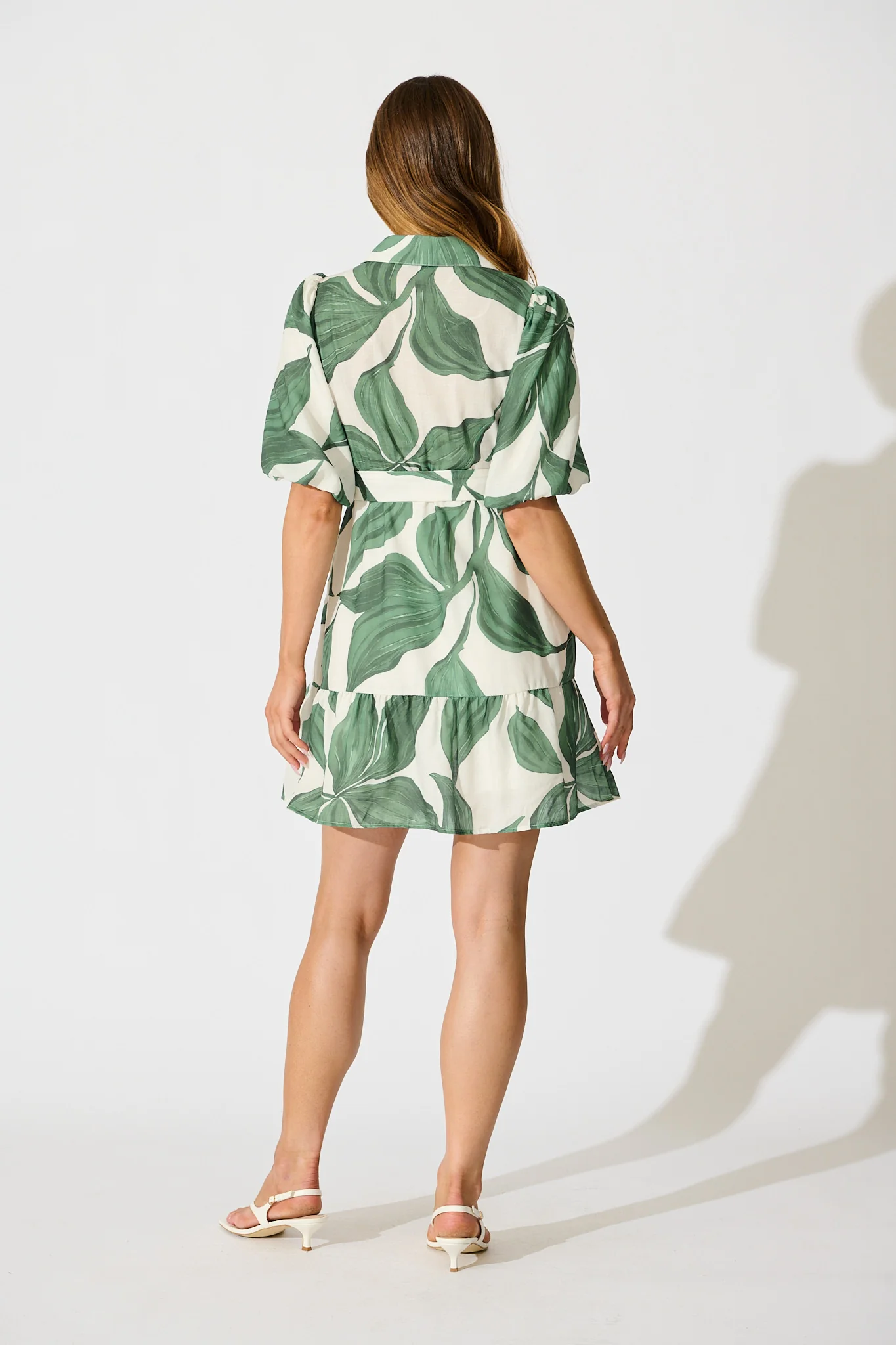 Jonna Shirt Dress in Cream with Green Leaf Linen Blend - Image 4