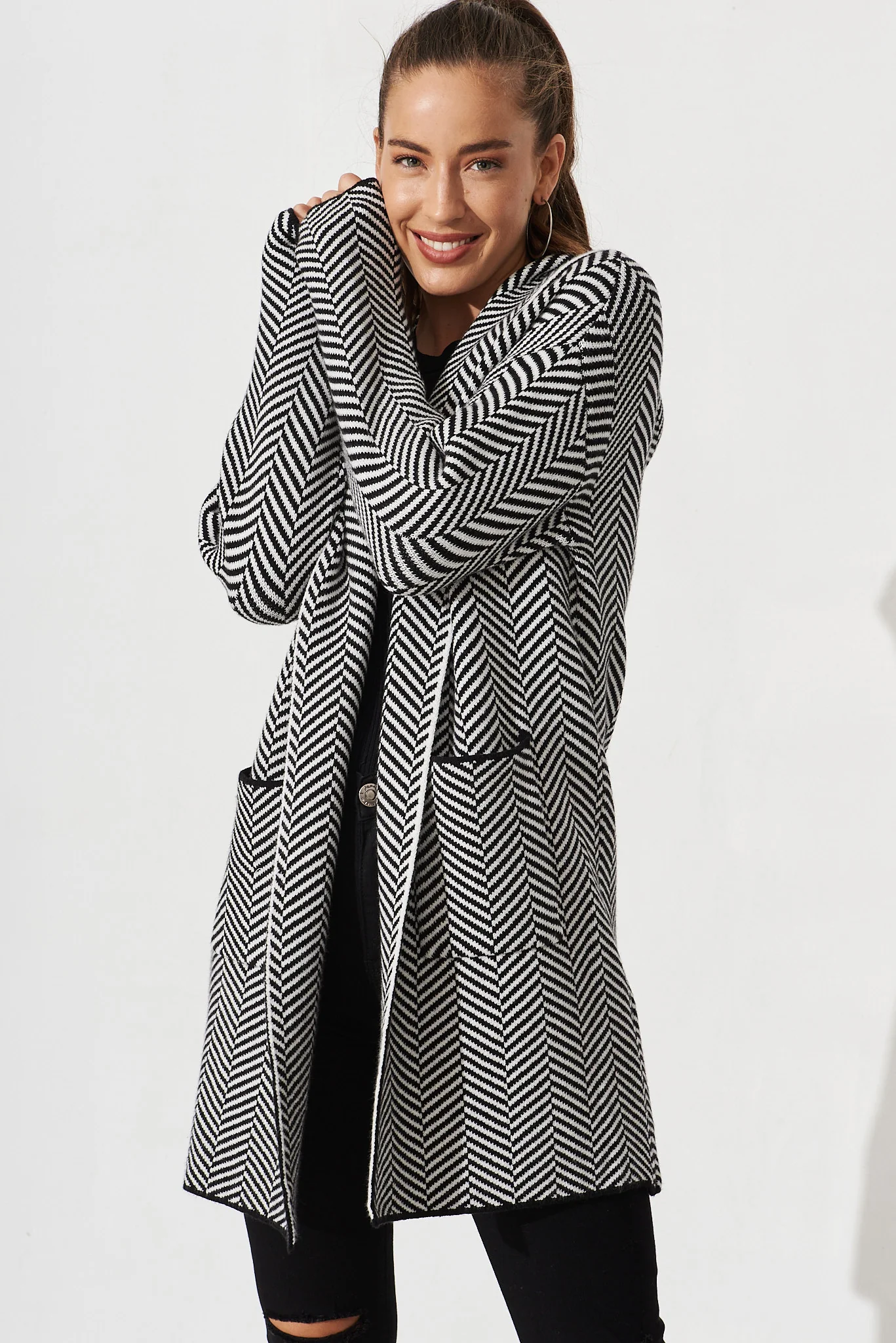 Jora Knit Hood Cardigan In Black With Herringbone Wool Blend - Image 2