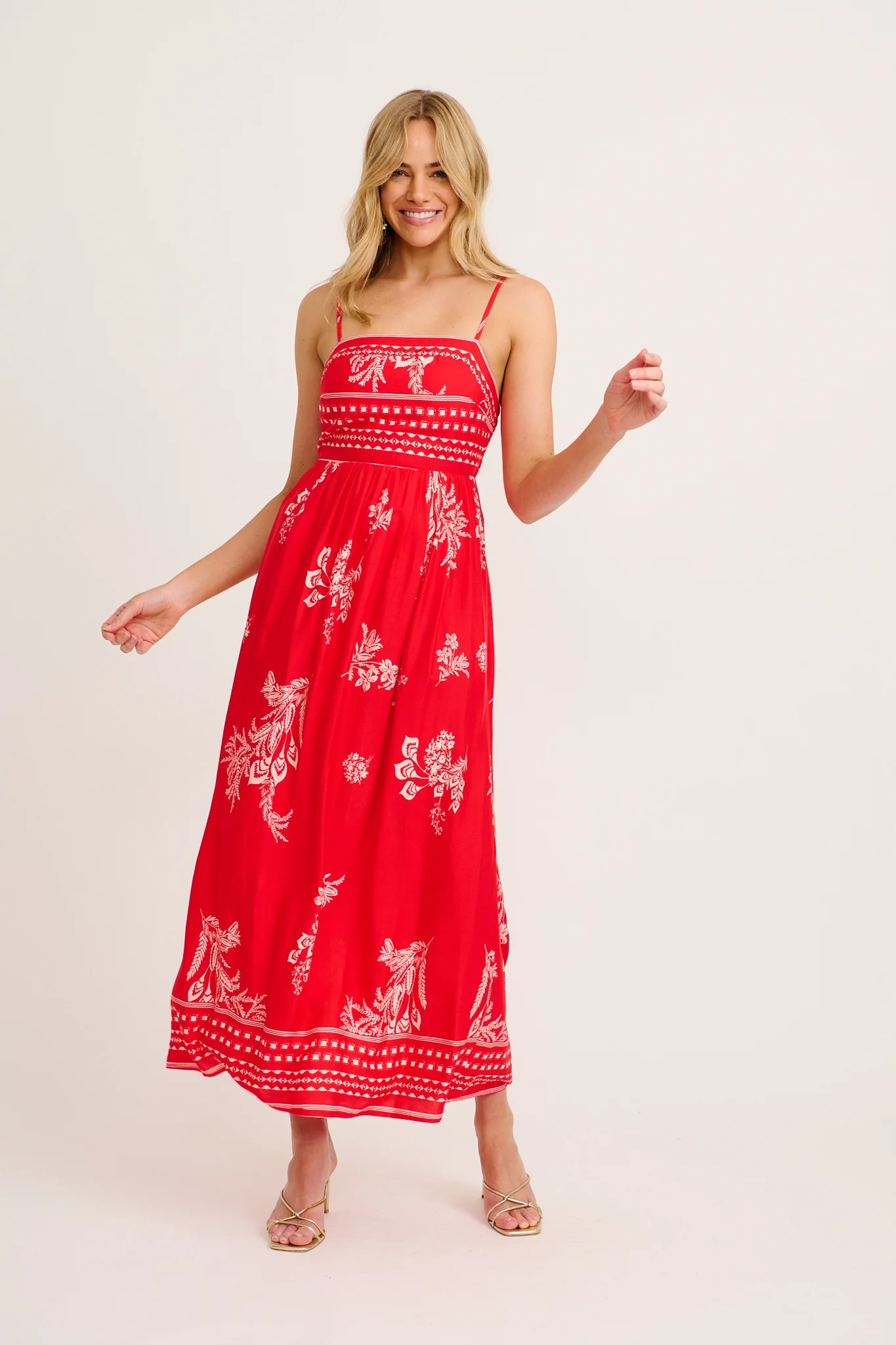 Jordonna Maxi Sundress in Red with Cream Leaf Print