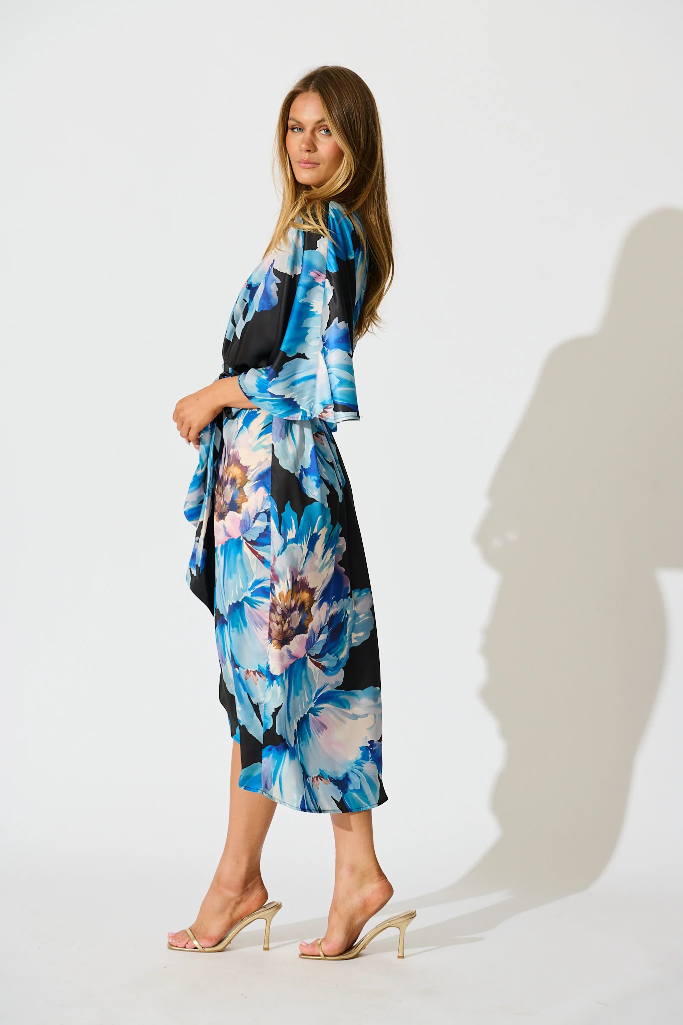 Joyful Midi Dress in Black with Blue Floral Satin - Image 3