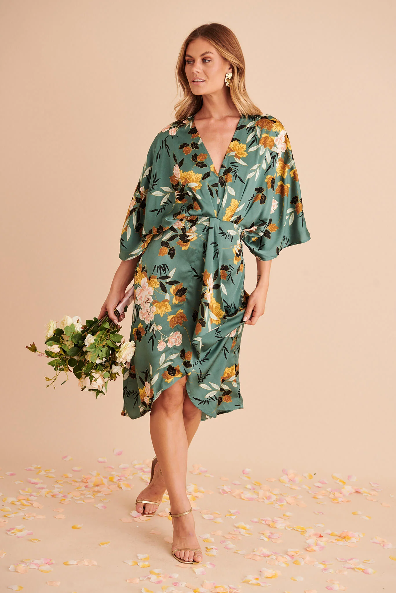 Joyful Midi Dress In Green With Blush Floral Satin - Image 2