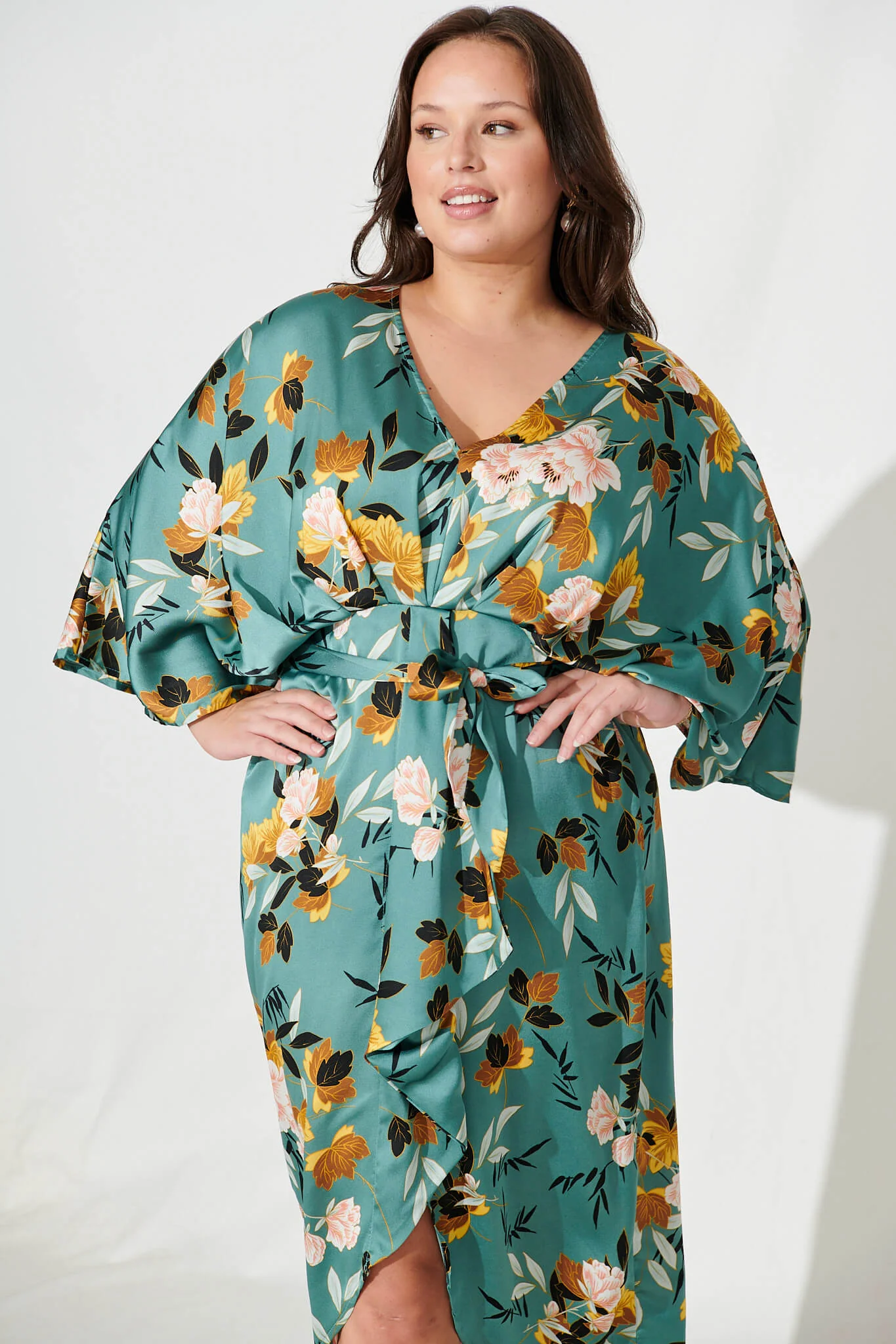 Joyful Midi Dress In Green With Blush Floral Satin - Image 6