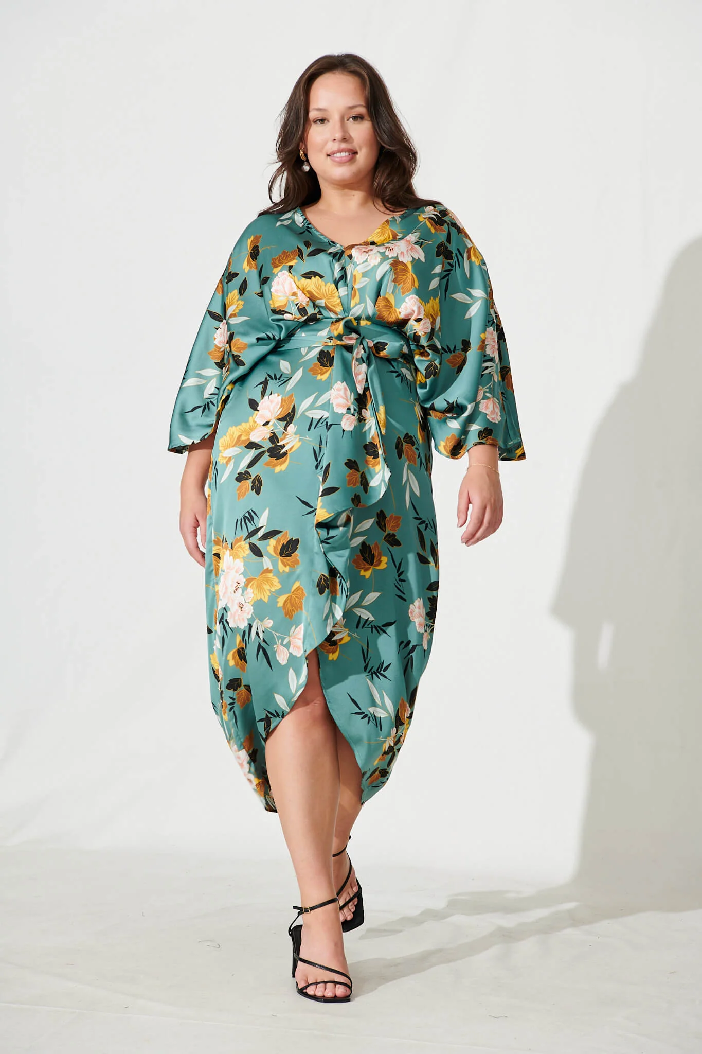 Joyful Midi Dress In Green With Blush Floral Satin - Image 7