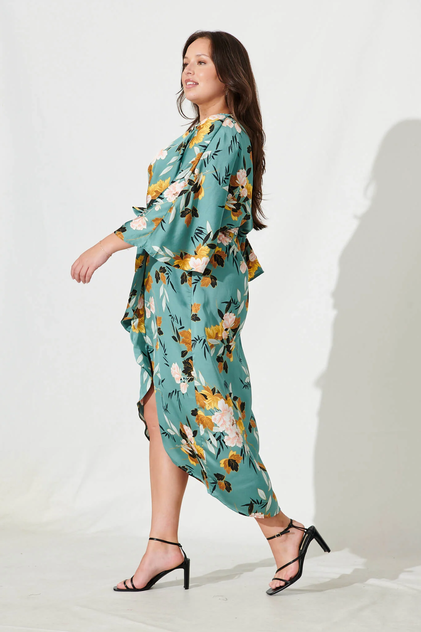 Joyful Midi Dress In Green With Blush Floral Satin - Image 8