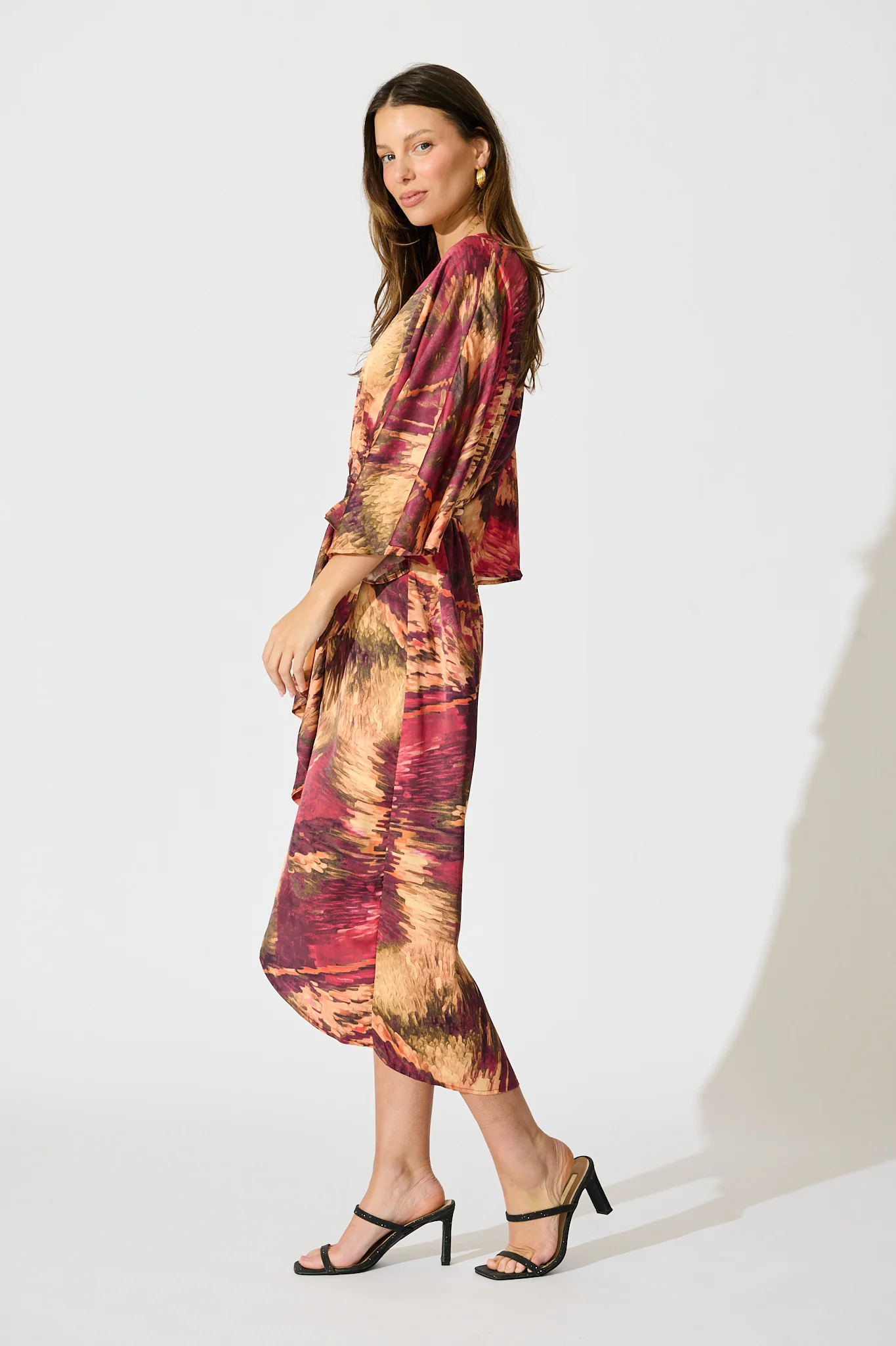 Joyful Midi Dress in Multi Watercolour Satin - Image 3
