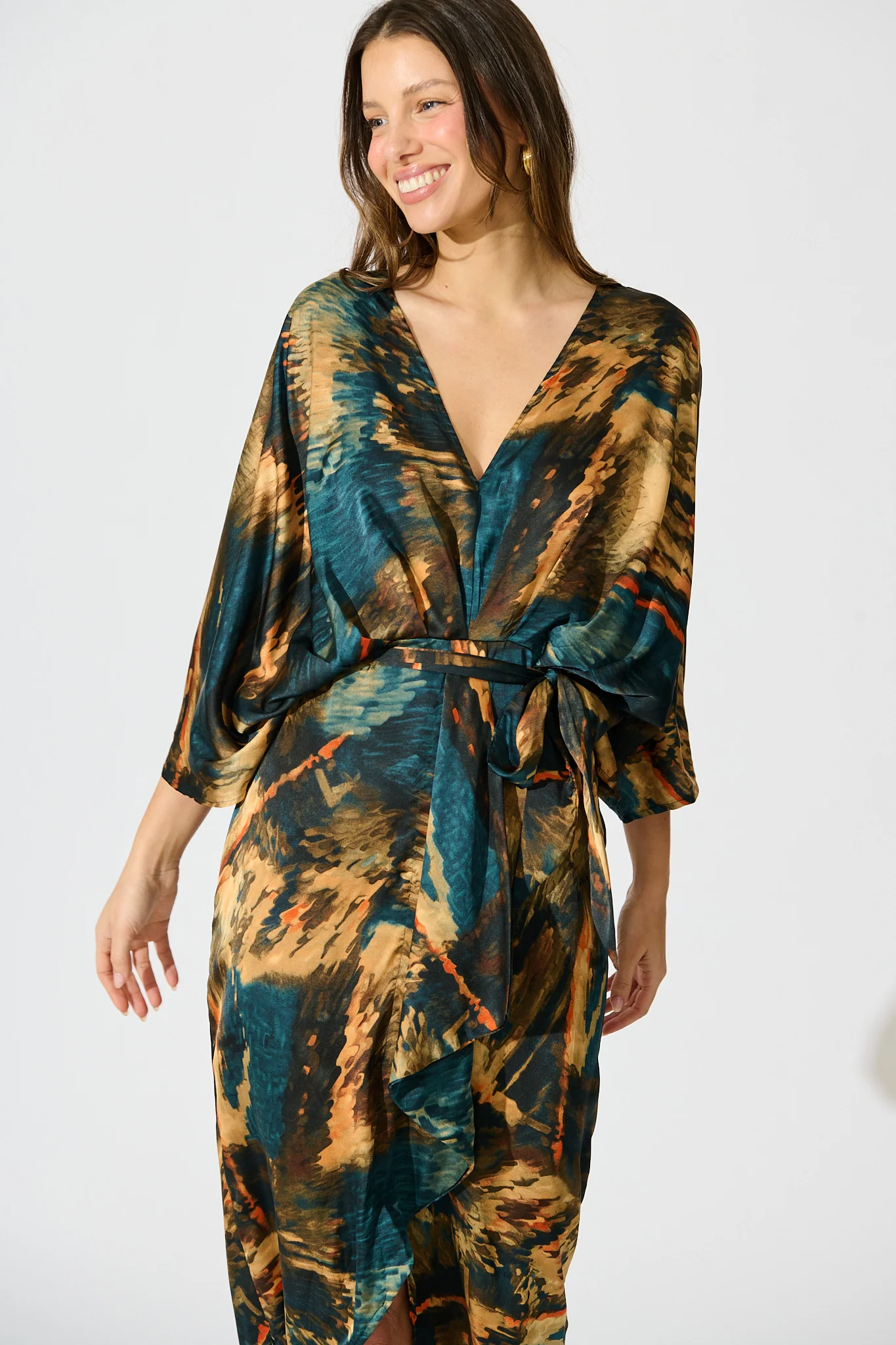 Joyful Midi Dress in Teal Multi Watercolour Satin - Image 2