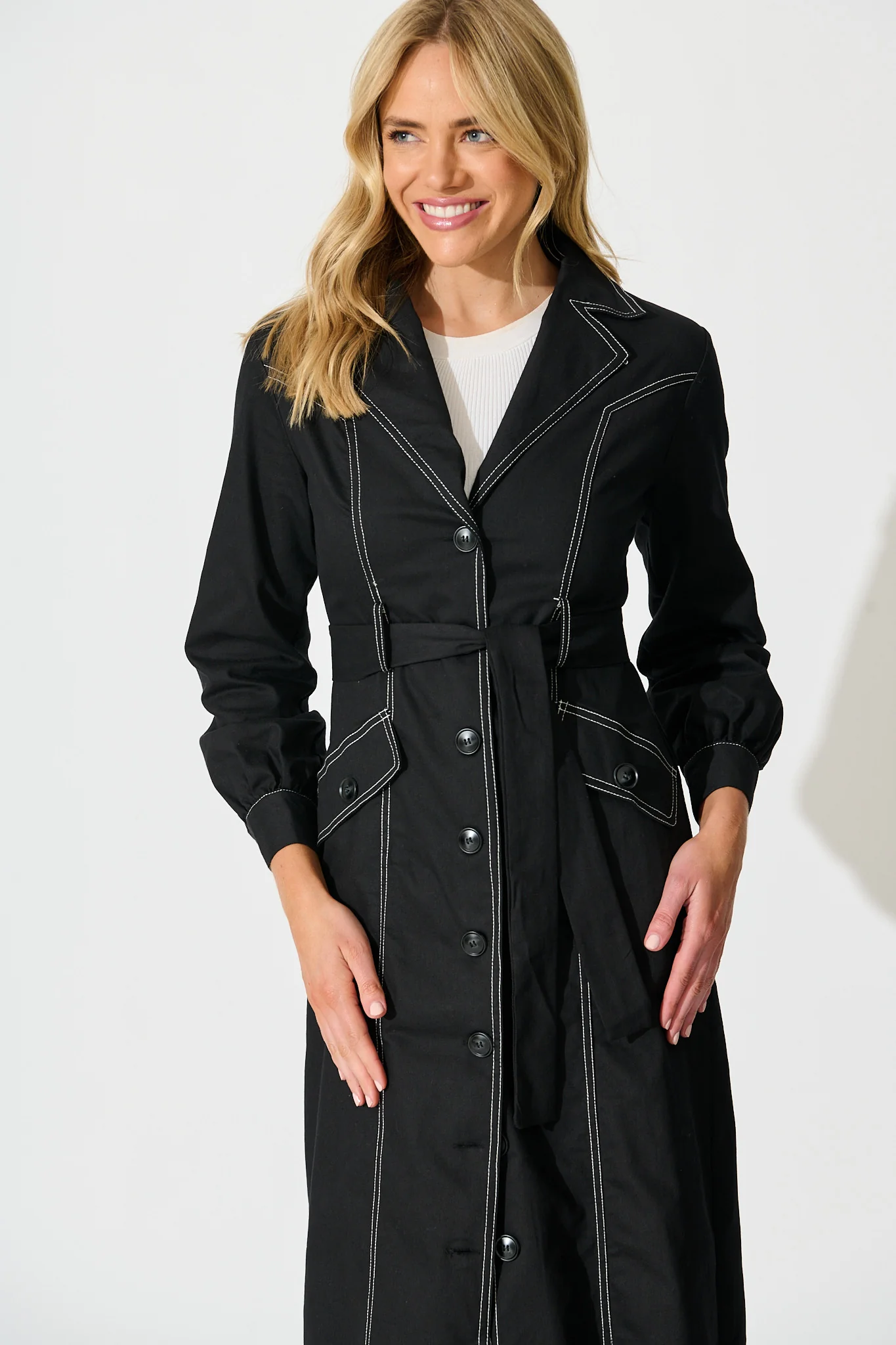 Jules Coat in Black with Contrast Stitch Cotton Blend - Image 2