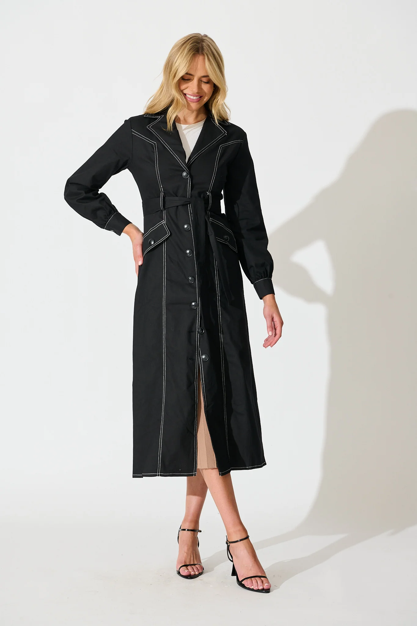 Jules Coat in Black with Contrast Stitch Cotton Blend - Image 5