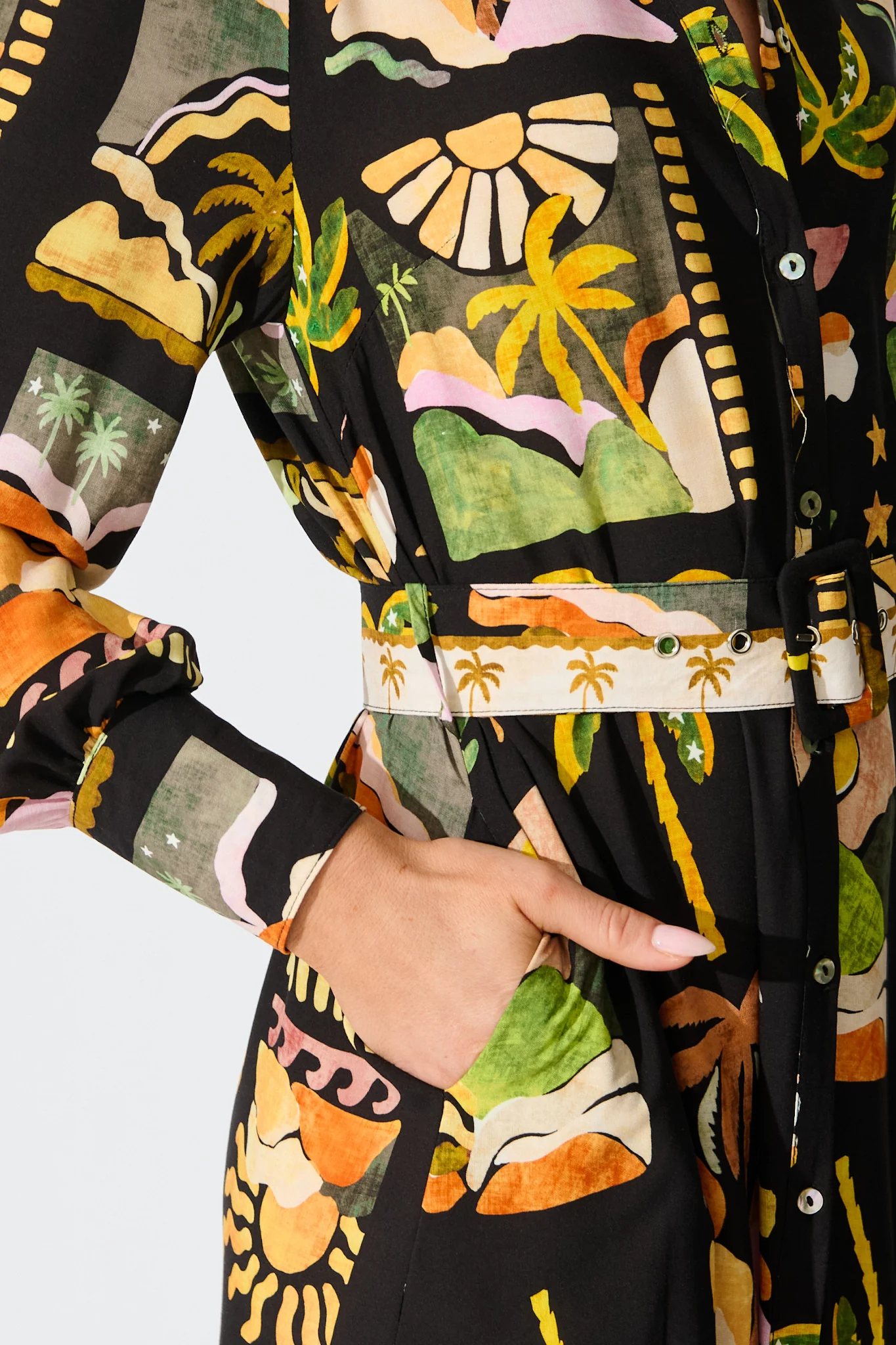 Juliana Midi Shirt Dress in Black with Multi Palm Tree Print - Image 5