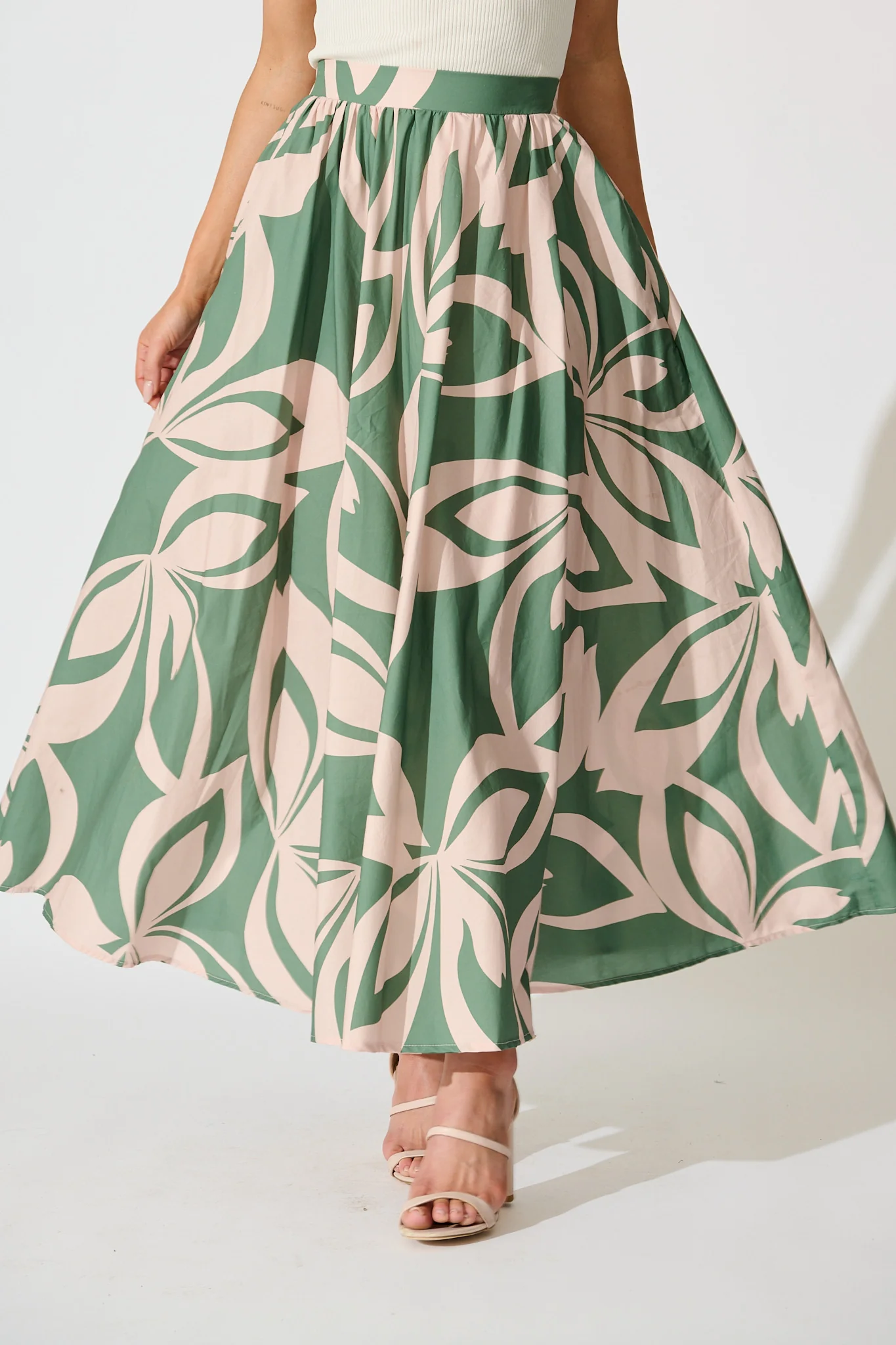 Jumana Maxi Skirt in Green with Pink Leaf Print Cotton