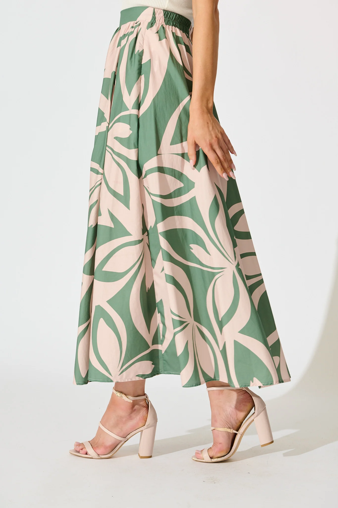 Jumana Maxi Skirt in Green with Pink Leaf Print Cotton - Image 2