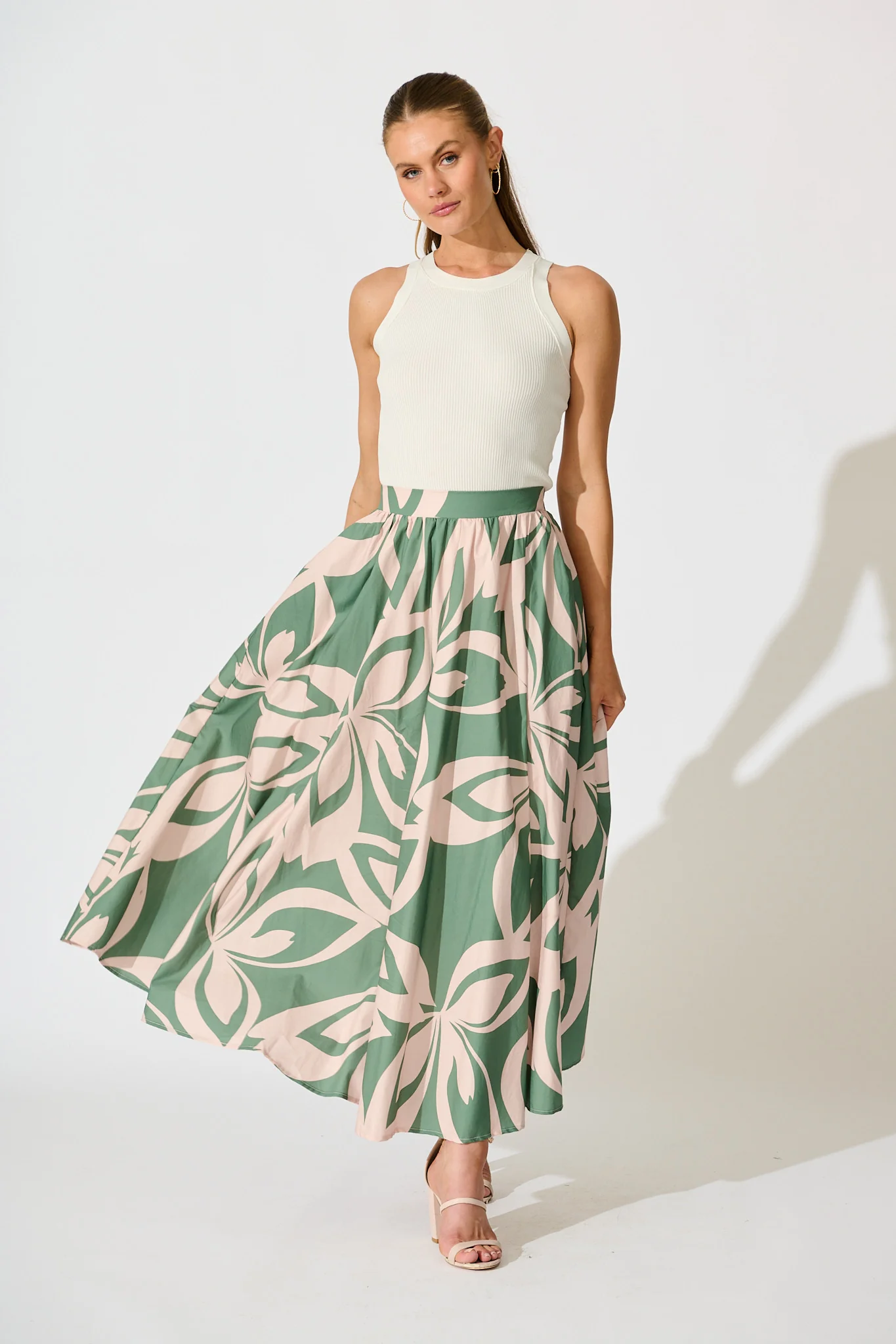 Jumana Maxi Skirt in Green with Pink Leaf Print Cotton - Image 4