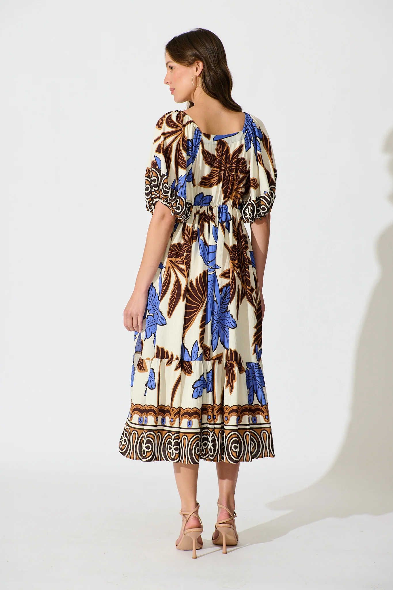 Juna Maxi Dress in Blue with Brown Leaf Print - Image 6