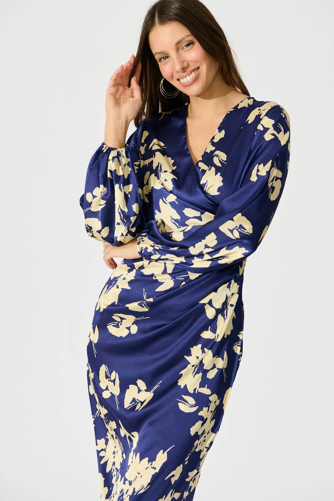 Kalisha Midi Dress in Blue with White Floral Satin - Image 2