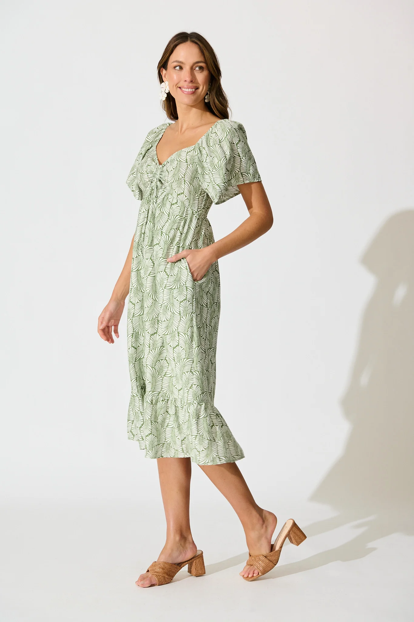 Kammy Midi Dress in Green Leaf Print - Image 3