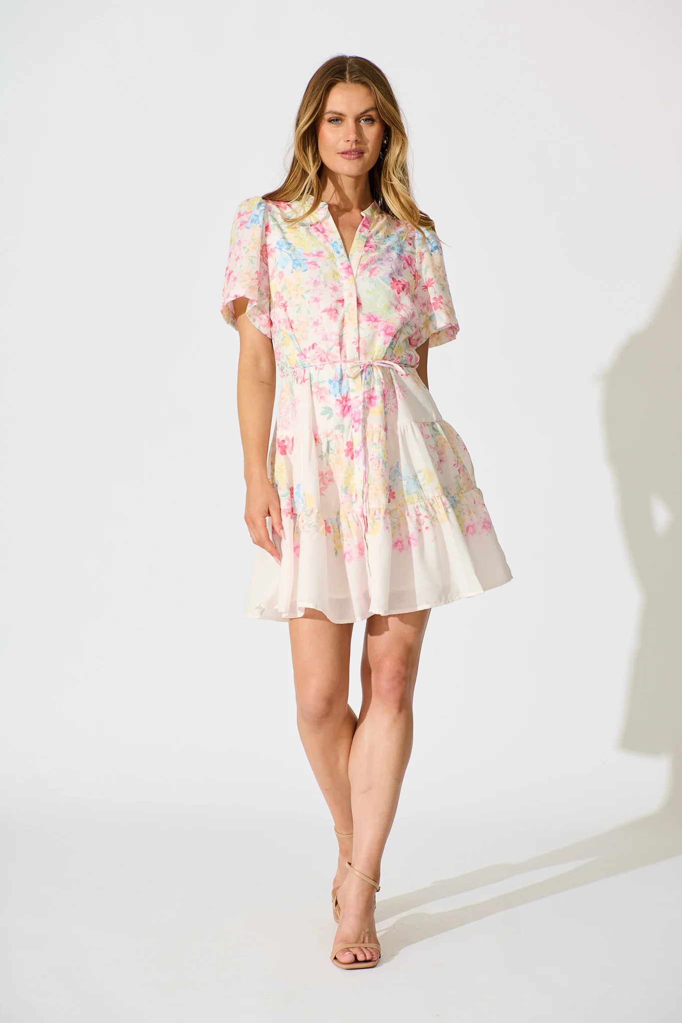 Karey Dress in White with Multi Pastel Floral Linen Blend