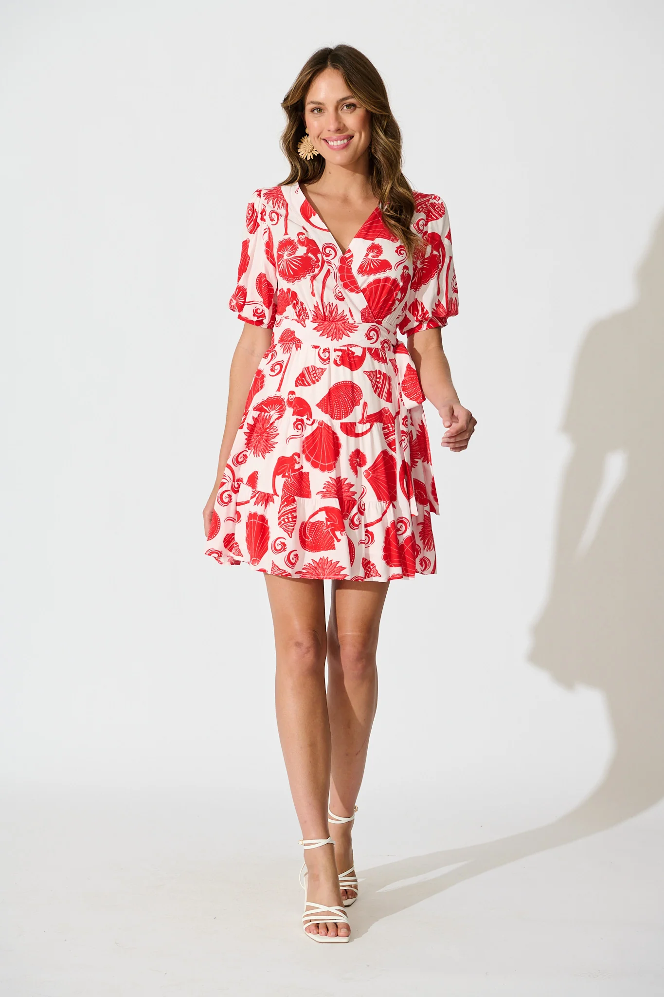 Katarina Wrap Dress in Off White with Red Shell Print