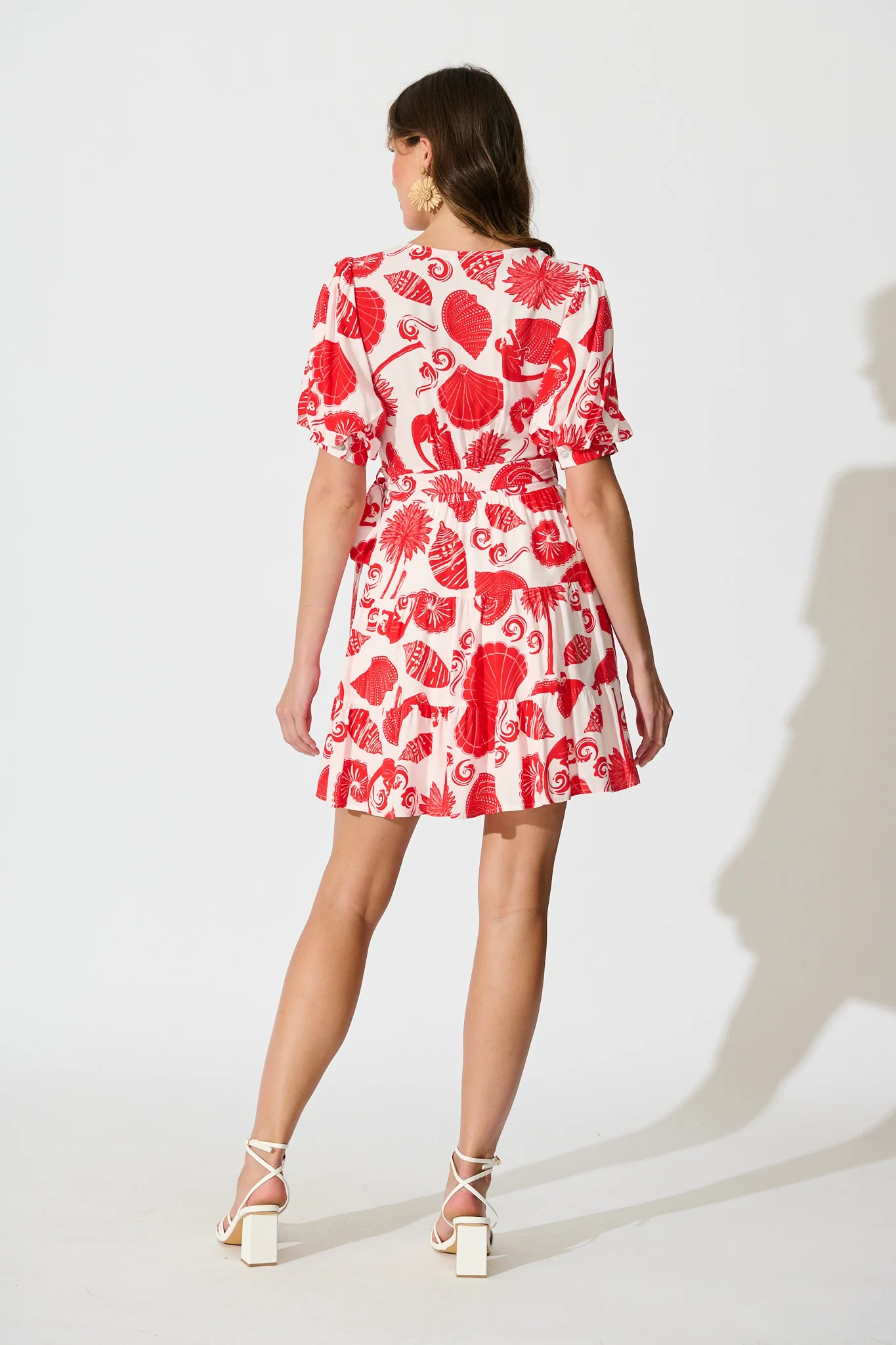 Katarina Wrap Dress in Off White with Red Shell Print - Image 4