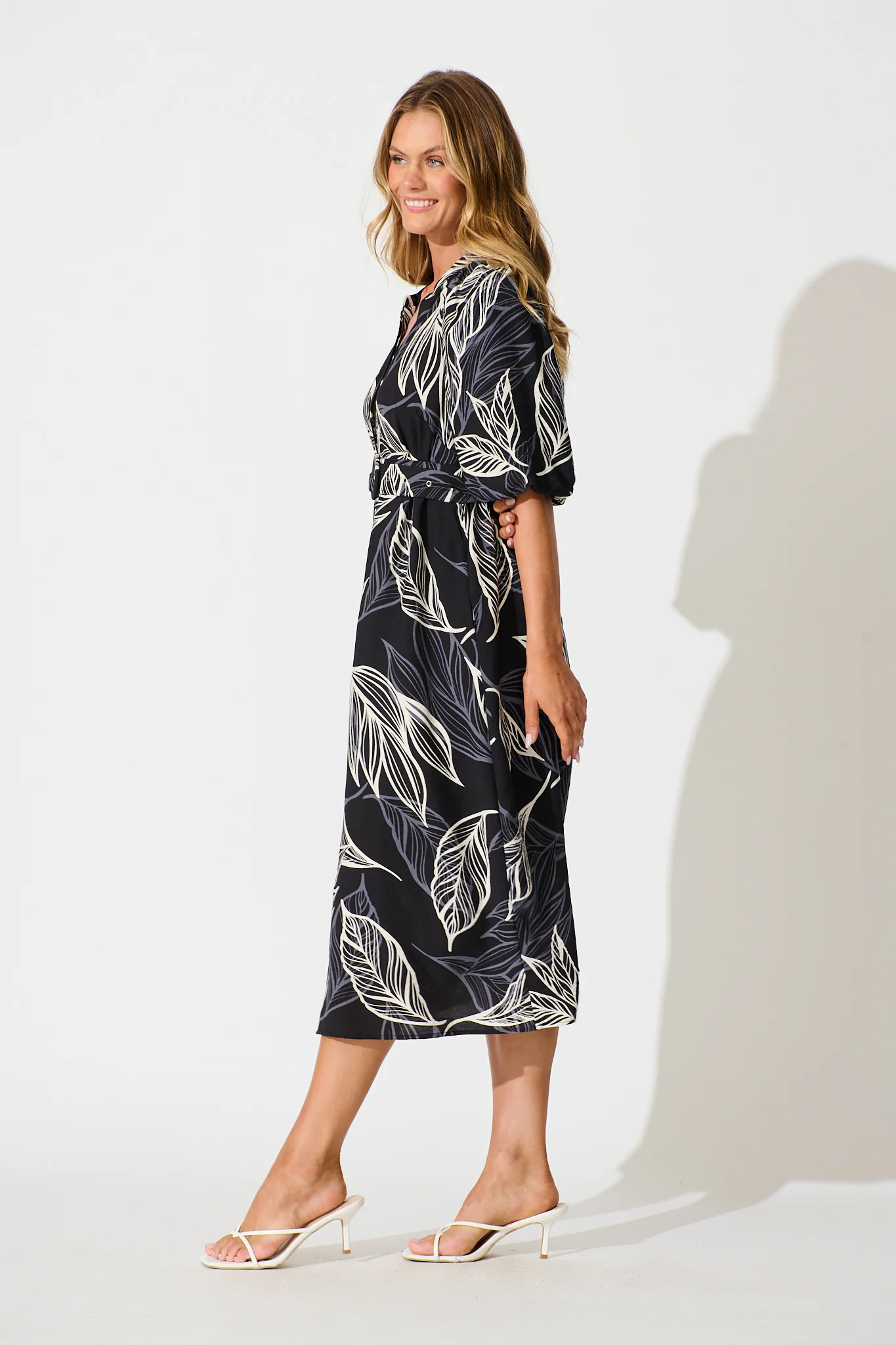 Katie Midi Dress in Black with Cream Leaf - Image 3