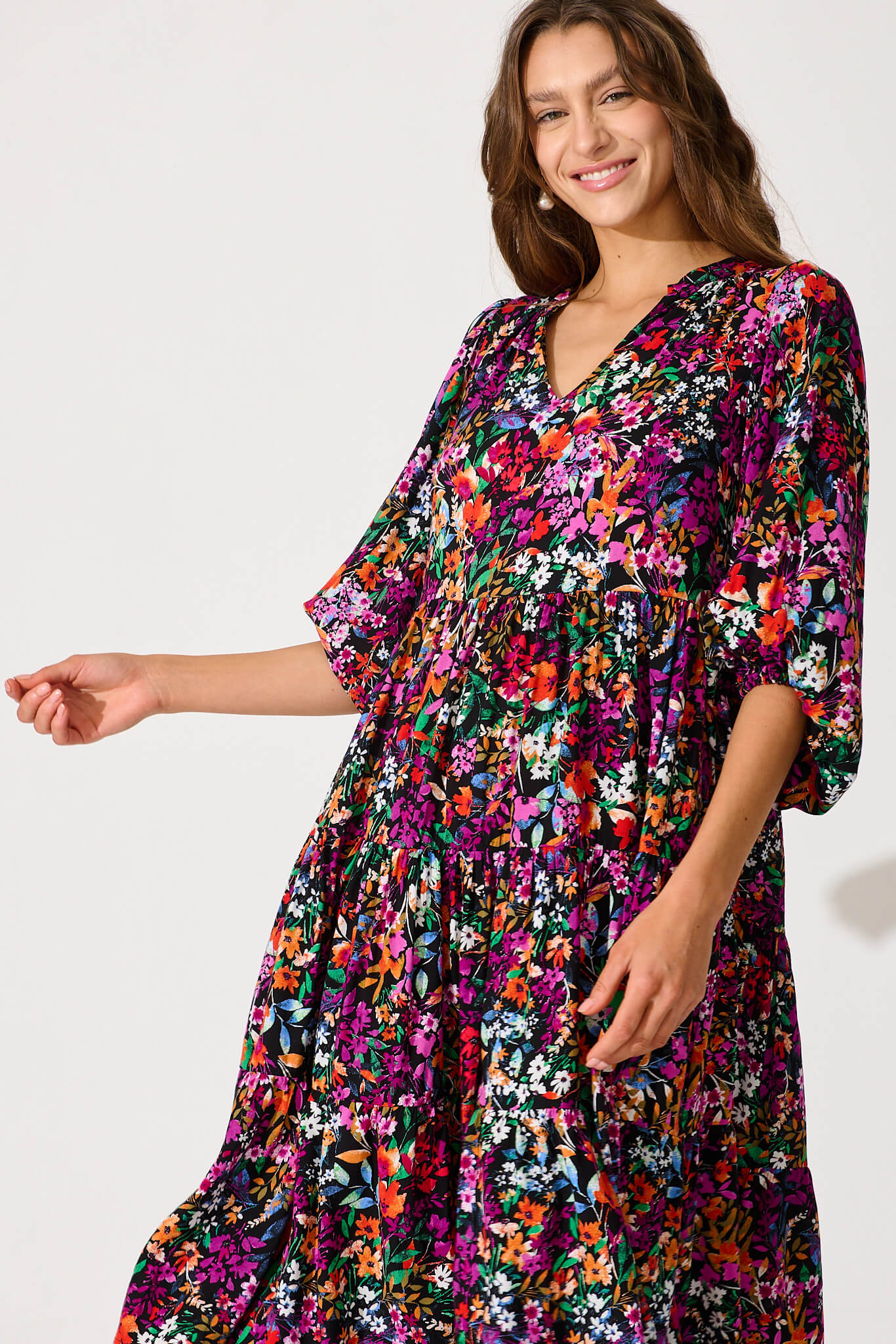 Kehlana Tiered Smock Dress In Black Multi Floral - Image 2