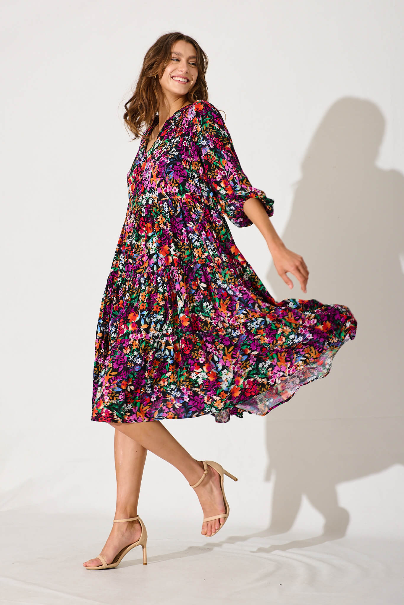Kehlana Tiered Smock Dress In Black Multi Floral - Image 3