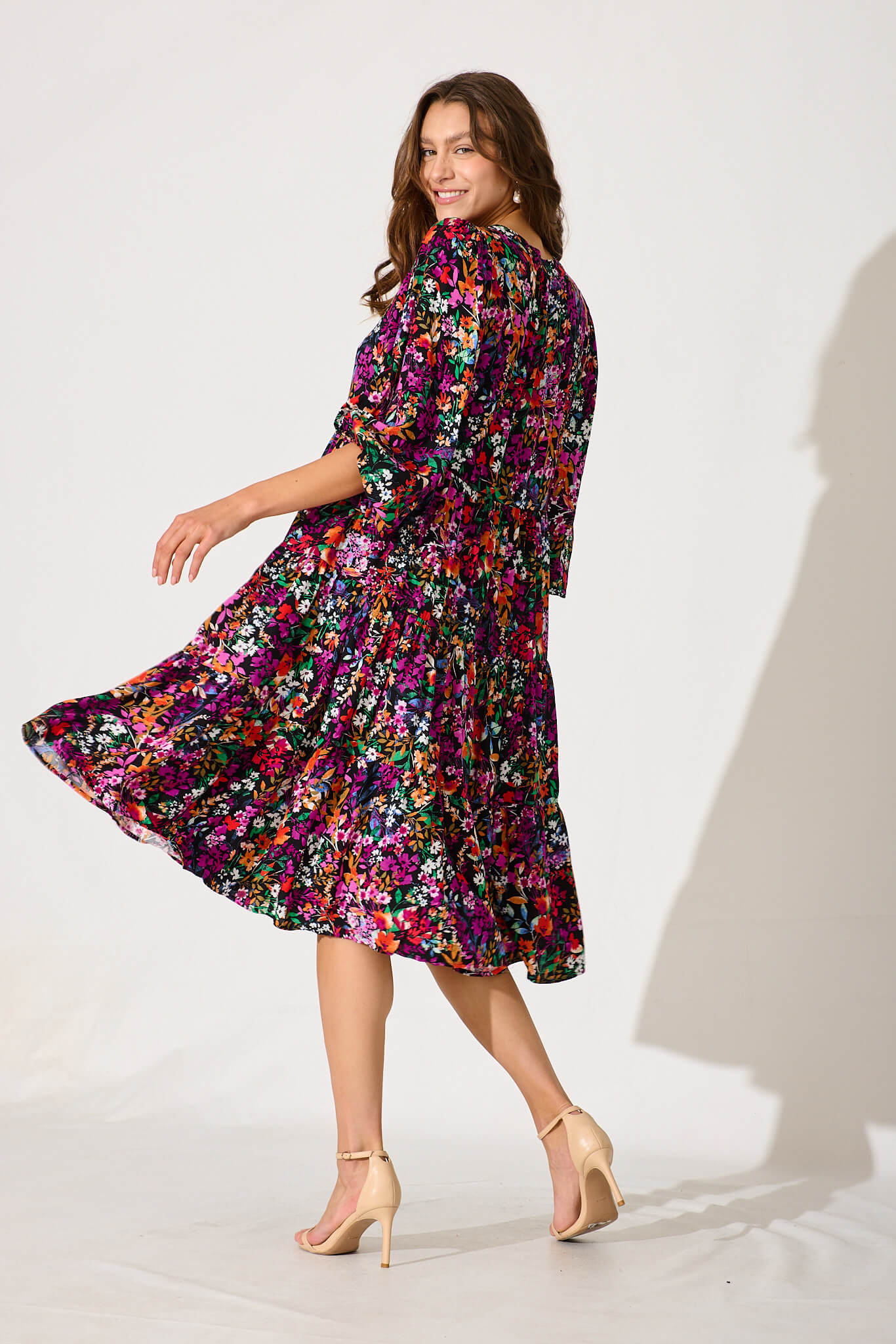 Kehlana Tiered Smock Dress In Black Multi Floral - Image 4