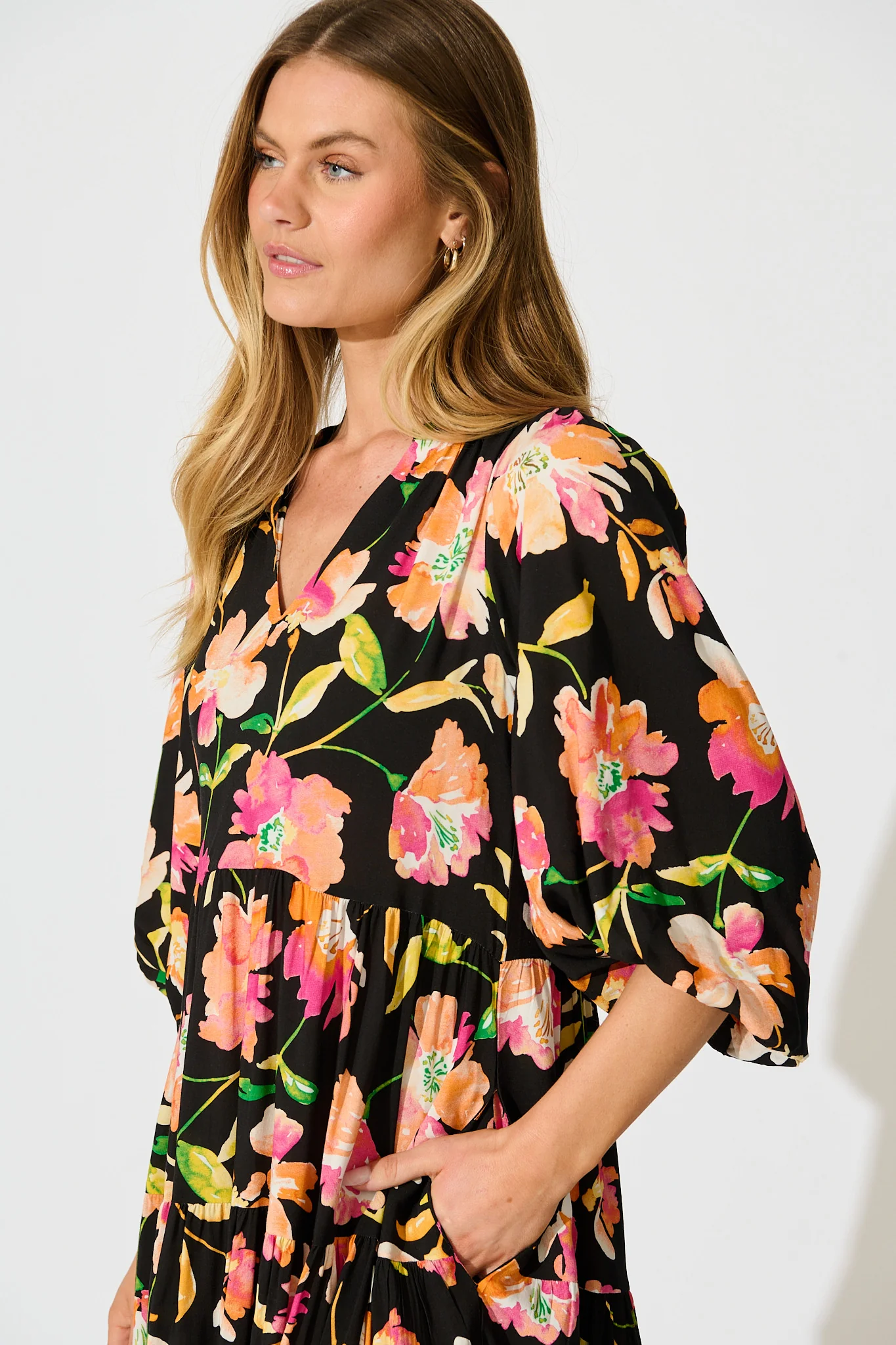 Kehlana Tiered Smock Dress in Black with Tangerine Floral - Image 5