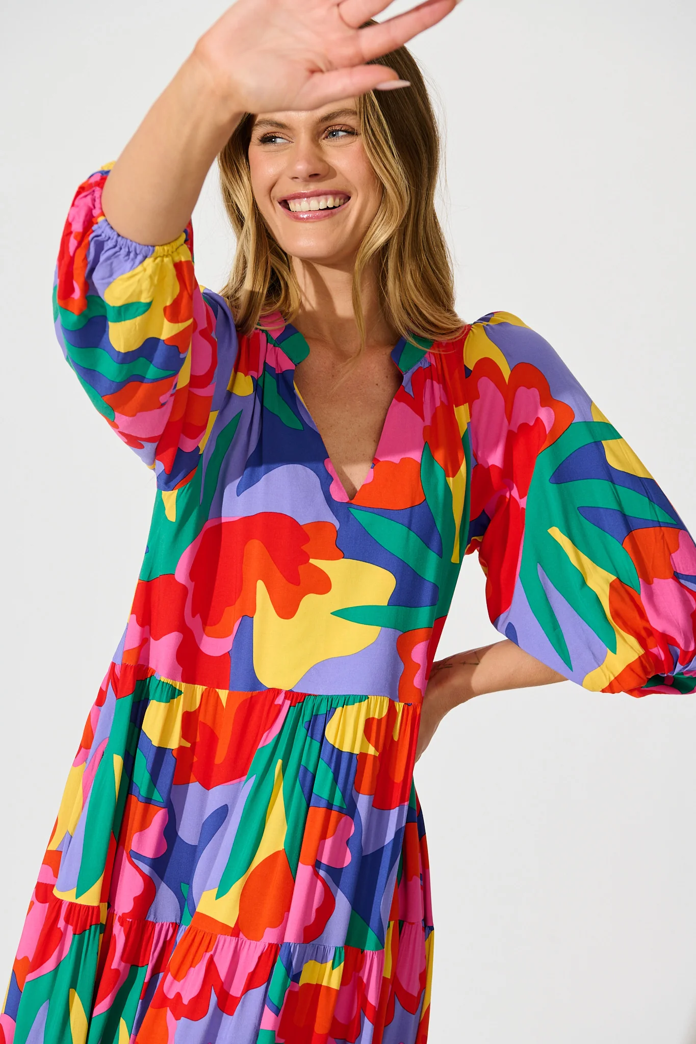 Kehlana Tiered Smock Dress in Bright Multi Print - Image 5