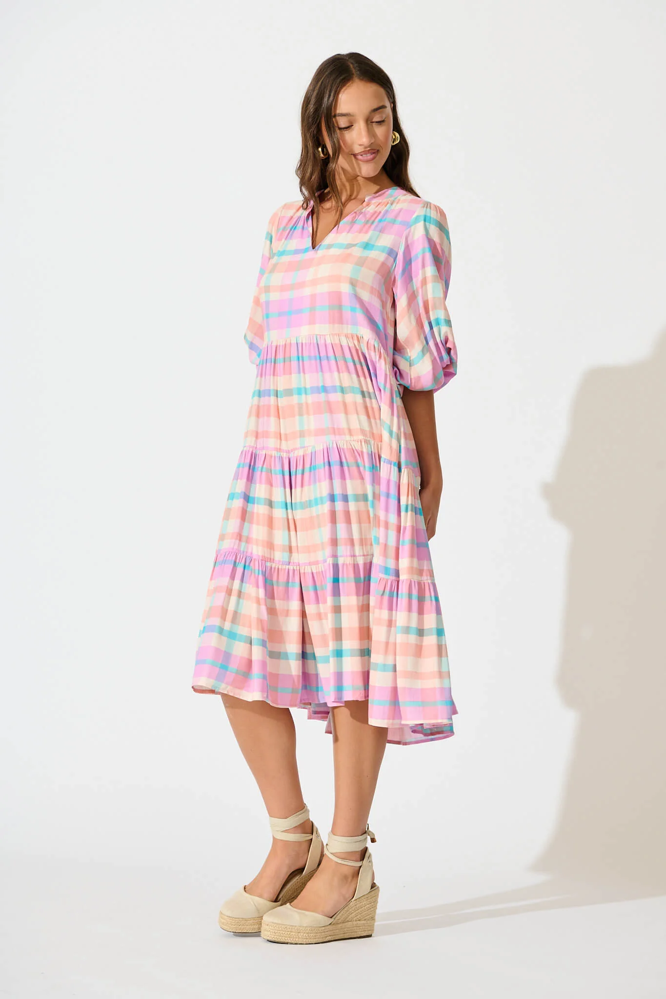 Kehlana Tiered Smock Dress In Pink Check - Image 3