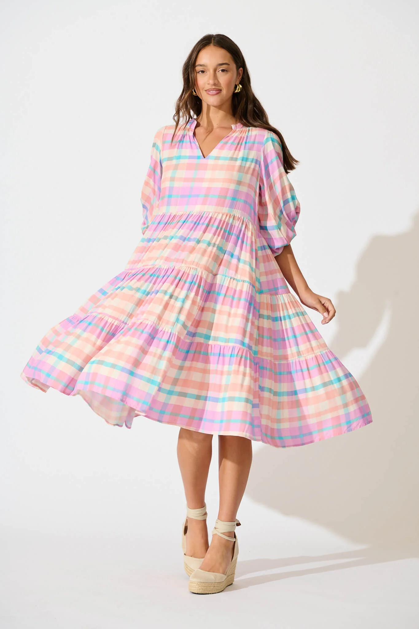 Kehlana Tiered Smock Dress In Pink Check - Image 5
