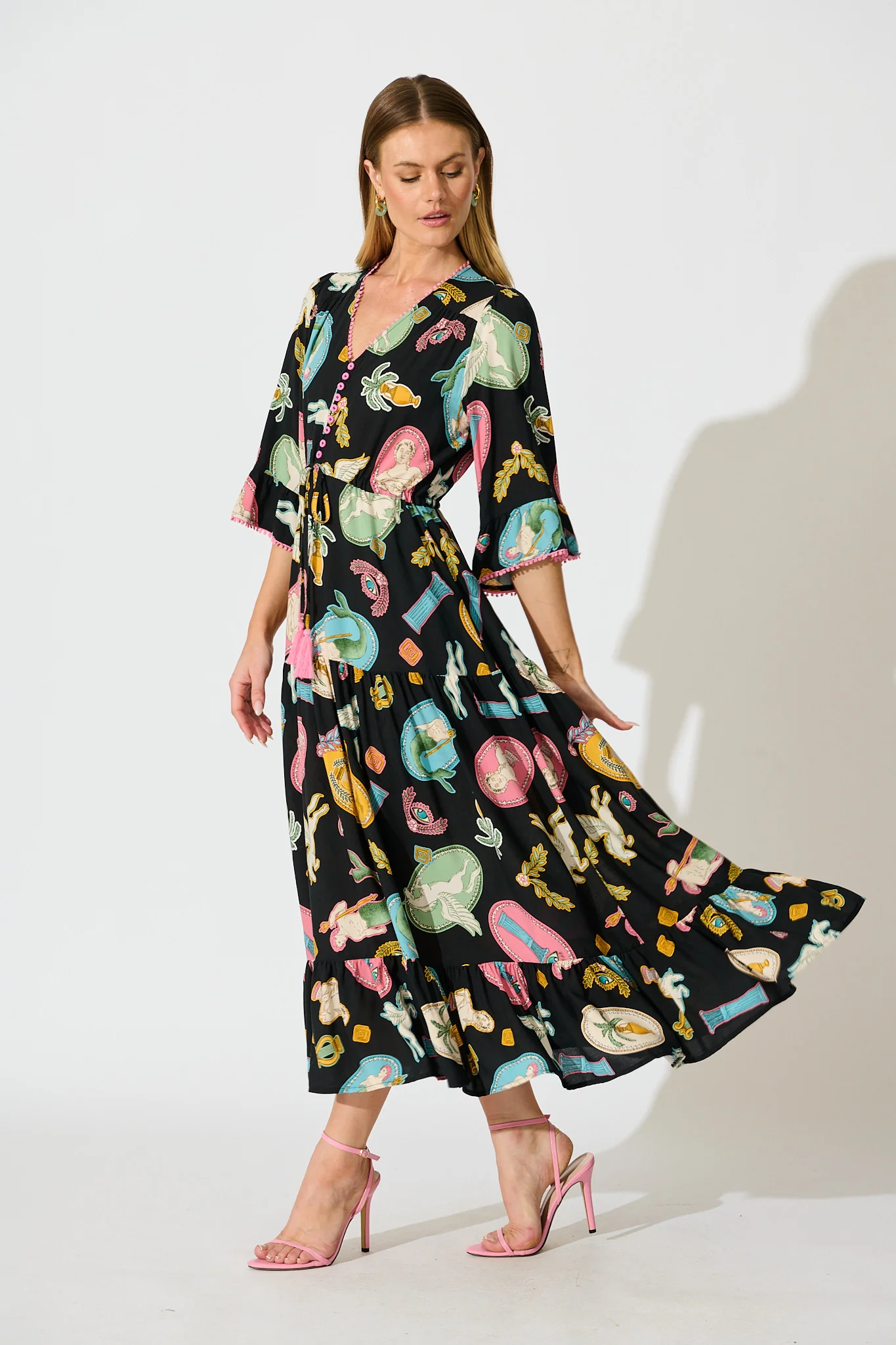 Kelsey Midi Dress in Black with Multi Print - Image 3