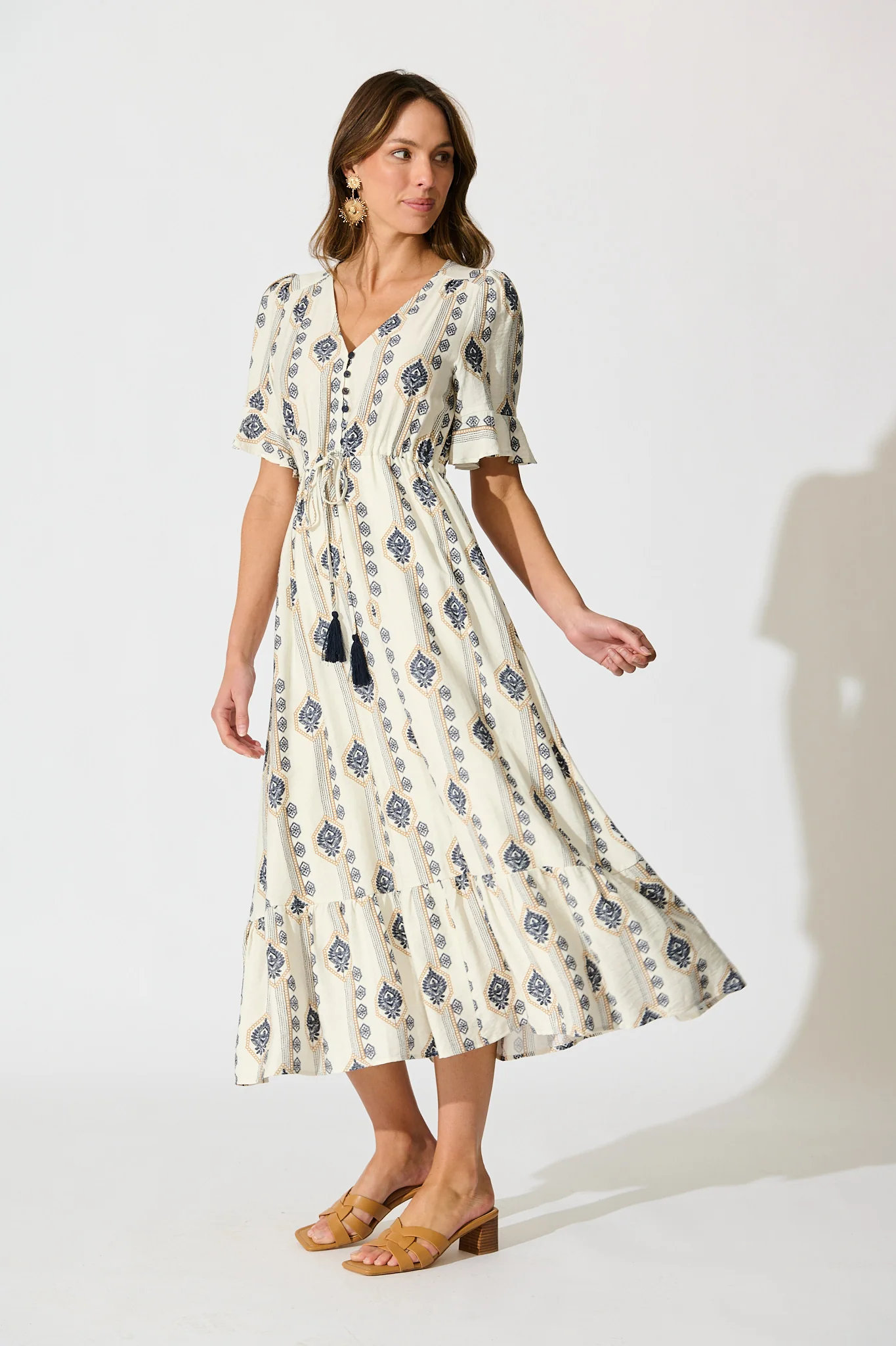 Keri Maxi Dress in Cream and Navy Boho Print - Image 3