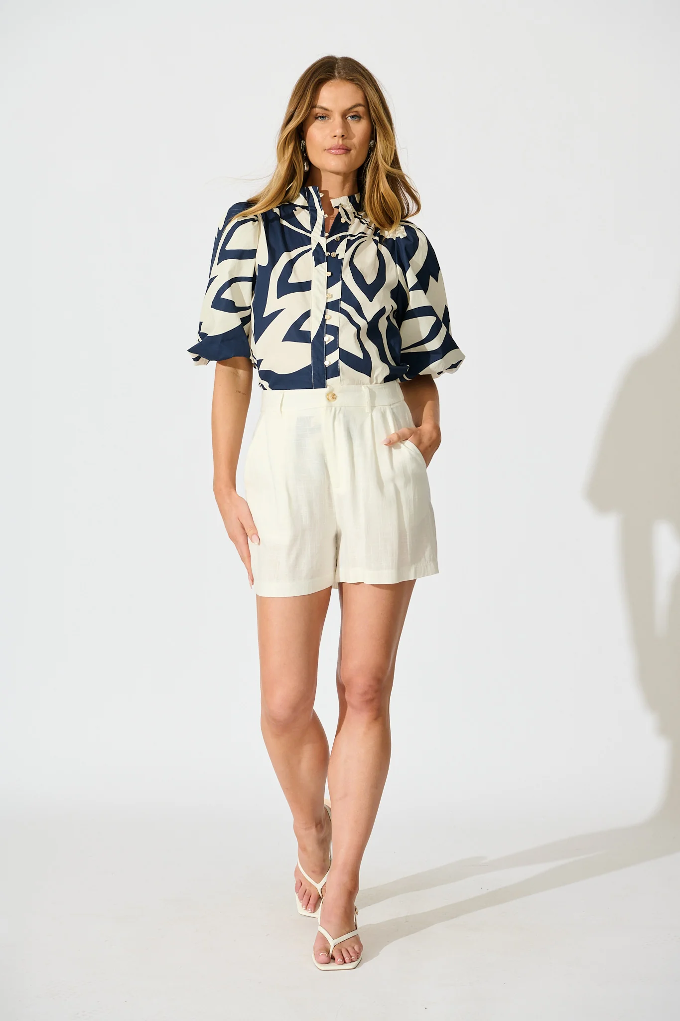 Keylani Shirt in Navy with Cream Leaf Print Cotton - Image 4