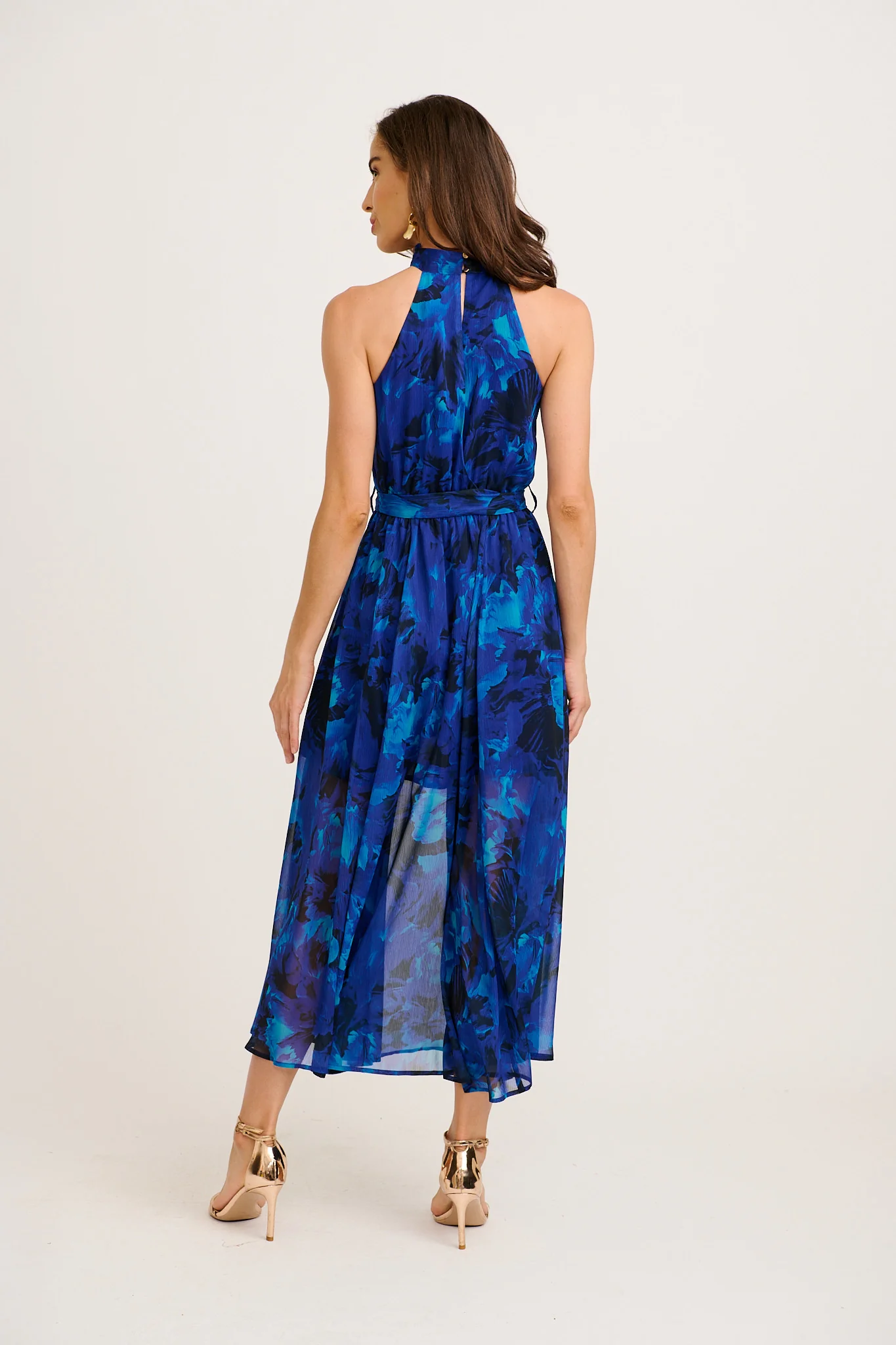Kiss Me Halter Neck Maxi Dress in Blue Watercolour Chiffon - Image 3