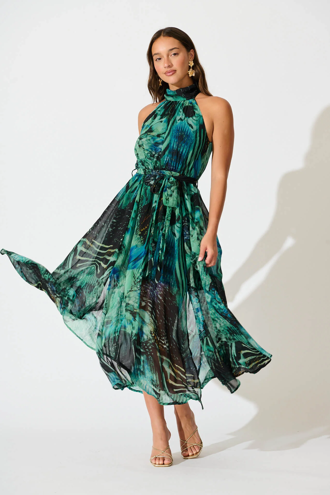 Kiss Me Halter Neck Maxi Dress in Green Multi Chiffon
