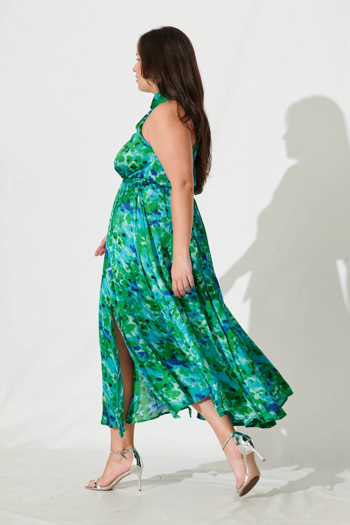 Kiss Me Halter Neck Maxi Dress In Green Watercolour Print - Image 9
