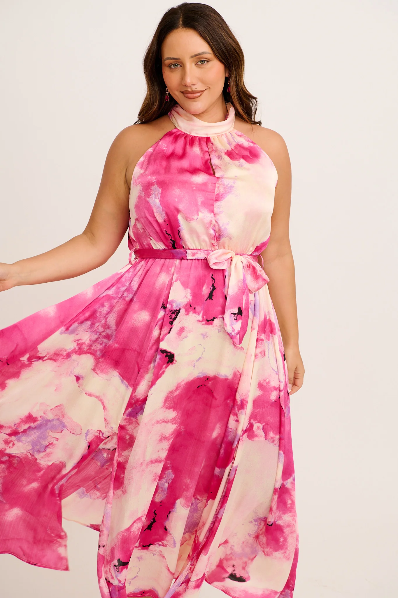 Kiss Me Halter Neck Maxi Dress in Magenta Watercolour Satin - Image 7