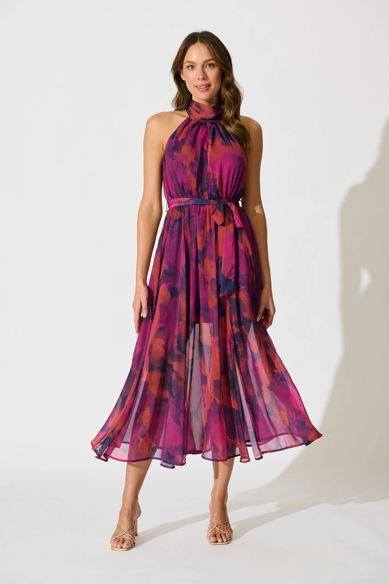Kiss Me Halter Neck Maxi Dress in Purple Watercolour Chiffon