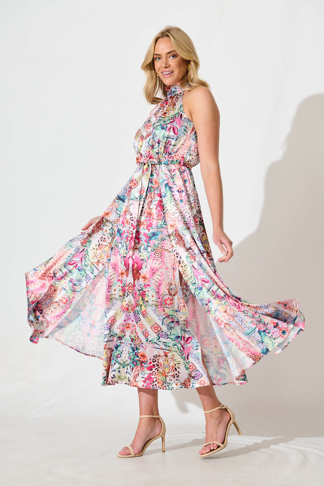 Kiss Me Halter Neck Maxi Dress in White Multi Satin - Image 3