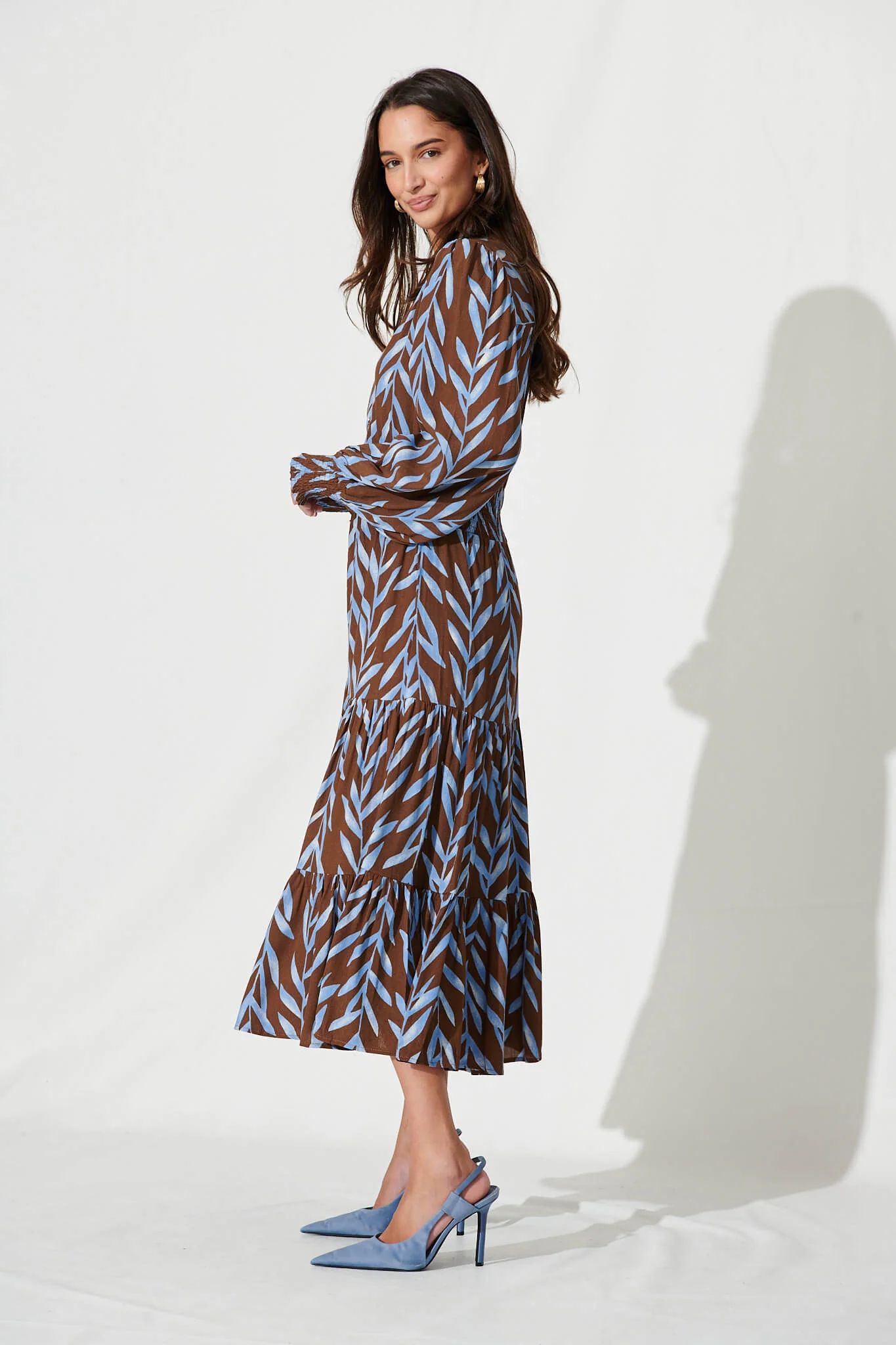 Kori Midi Dress In Chocolate With Blue Leaf Print - Image 3