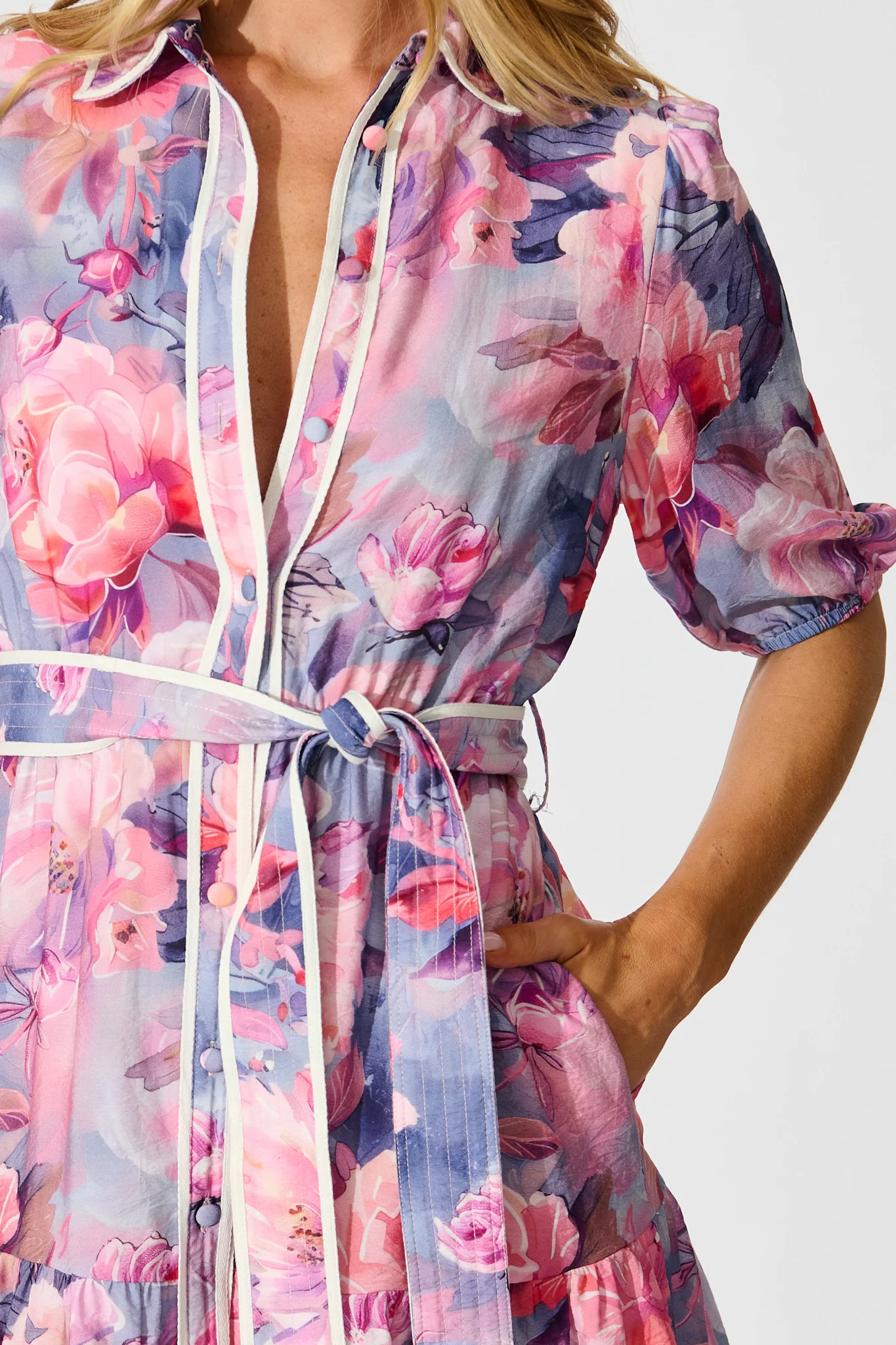 Krista Shirt Dress in Blue with Pink Floral Cotton - Image 5