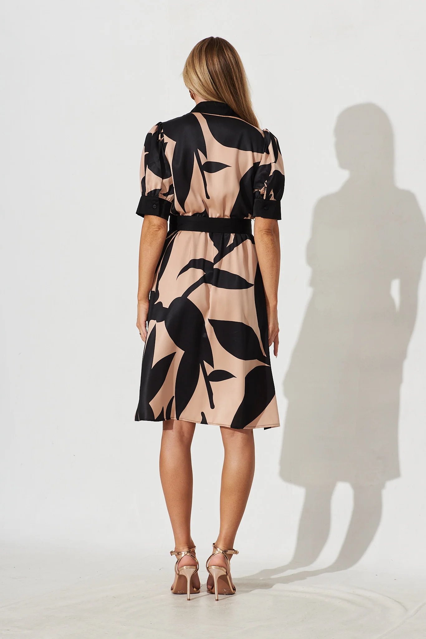 Kristel Shirt Dress In Brown With Black Print Satin - Image 4