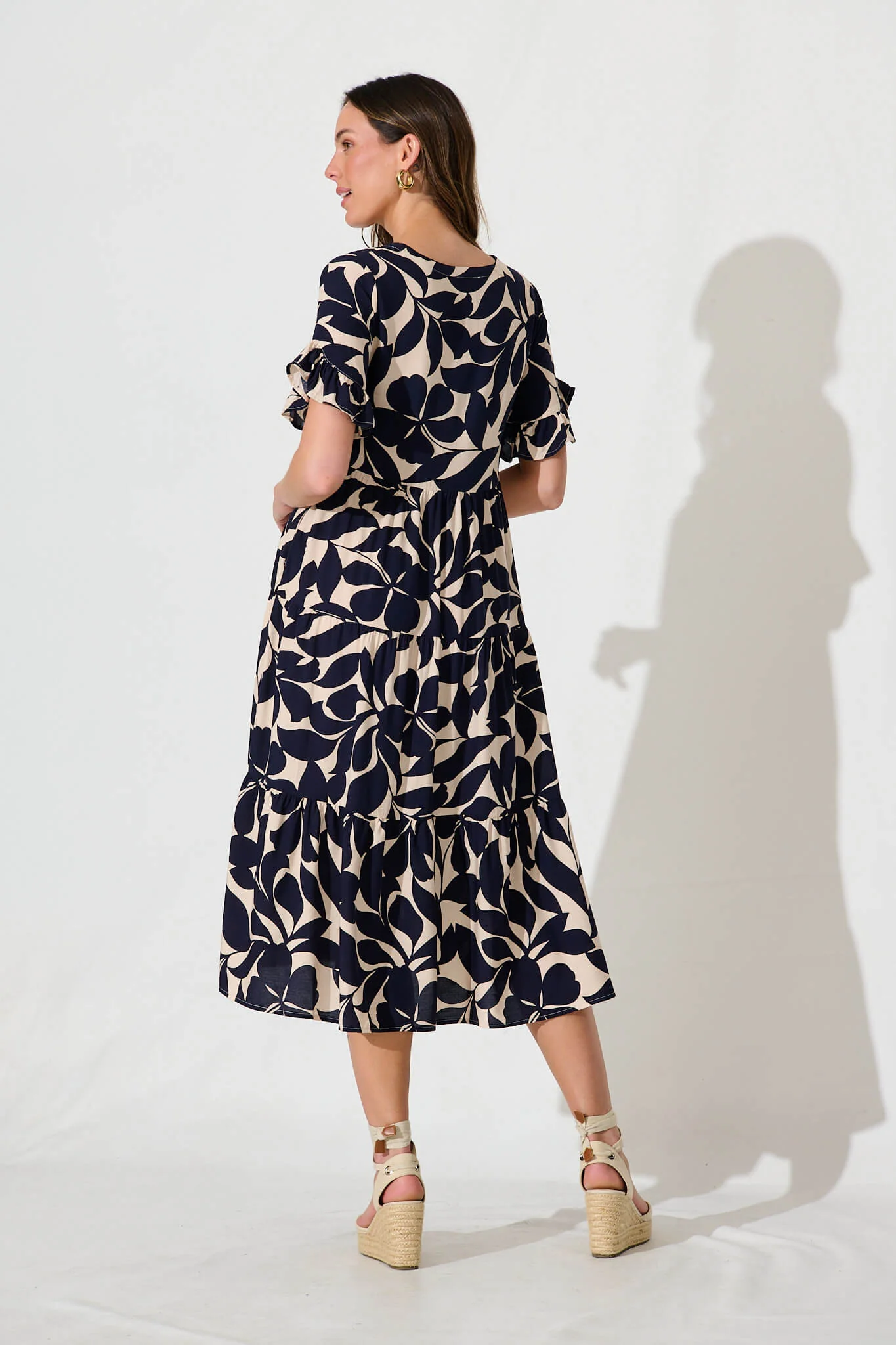Kristen Midi Smock Dress In Beige With Navy Floral - Image 3