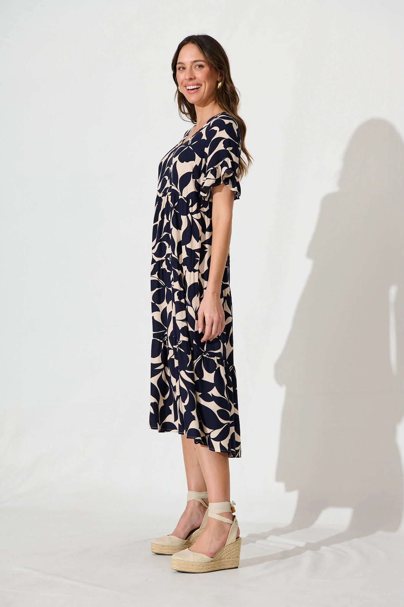 Kristen Midi Smock Dress In Beige With Navy Floral - Image 4