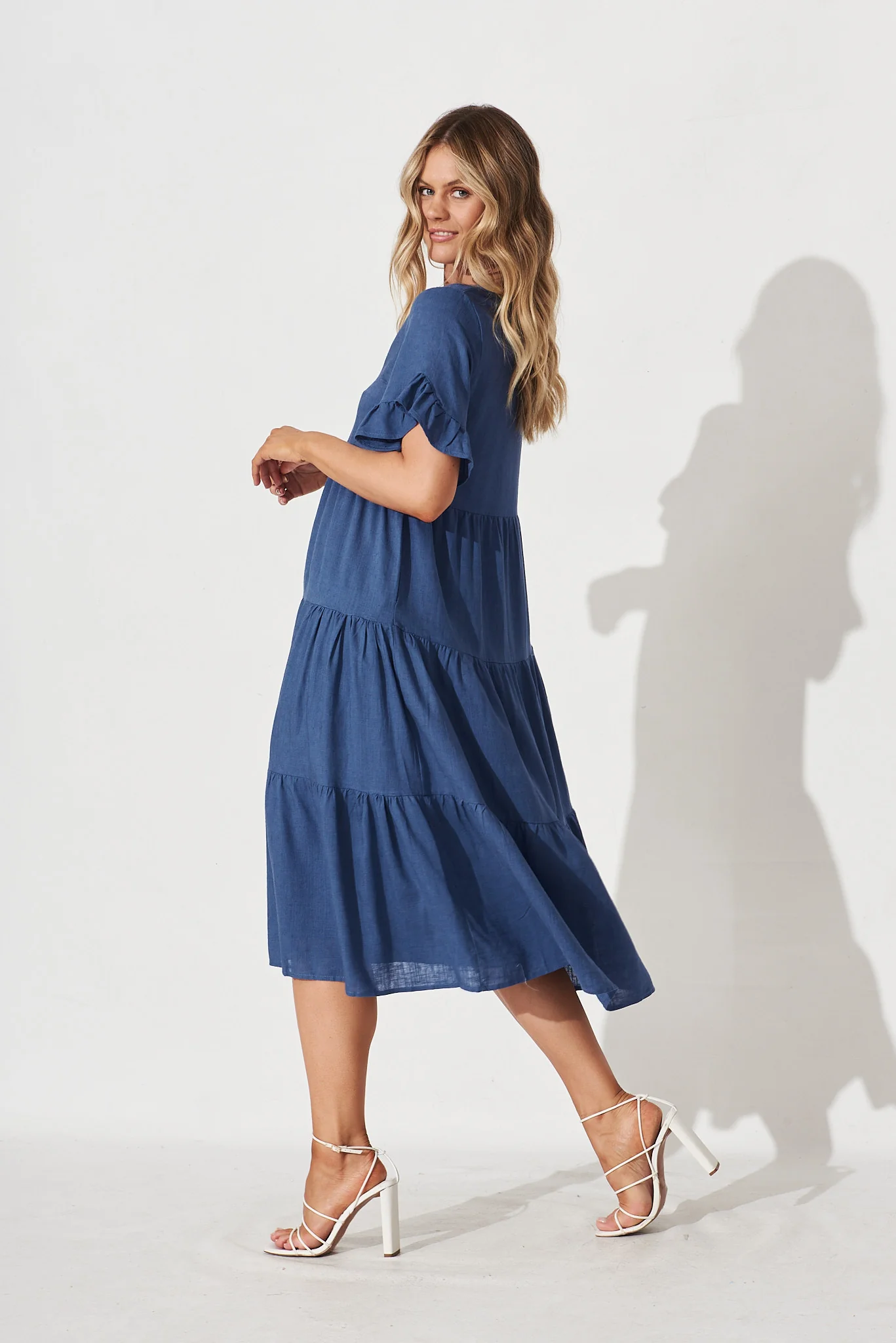 Kristen Midi Smock Dress In Blue Linen Blend - Image 4