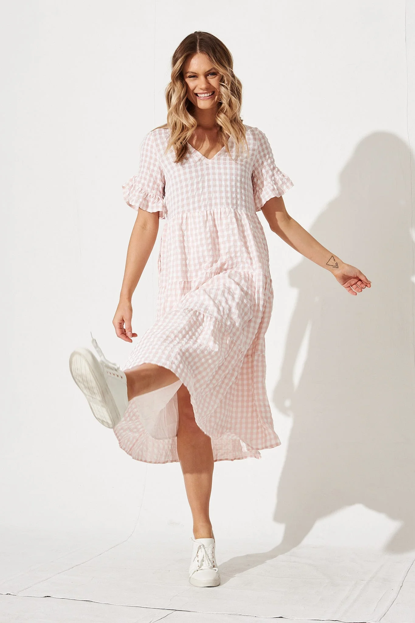 Kristen Midi Smock Dress In Blush Gingham