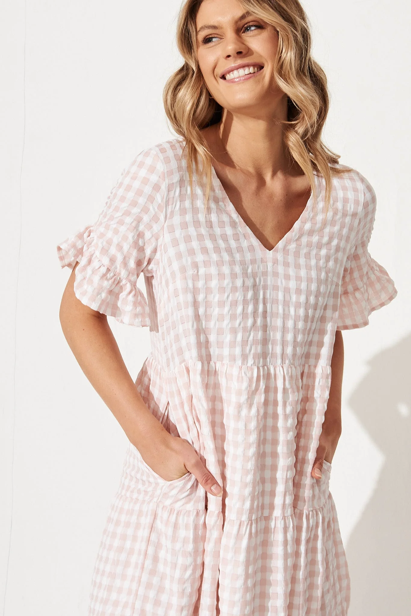 Kristen Midi Smock Dress In Blush Gingham - Image 2