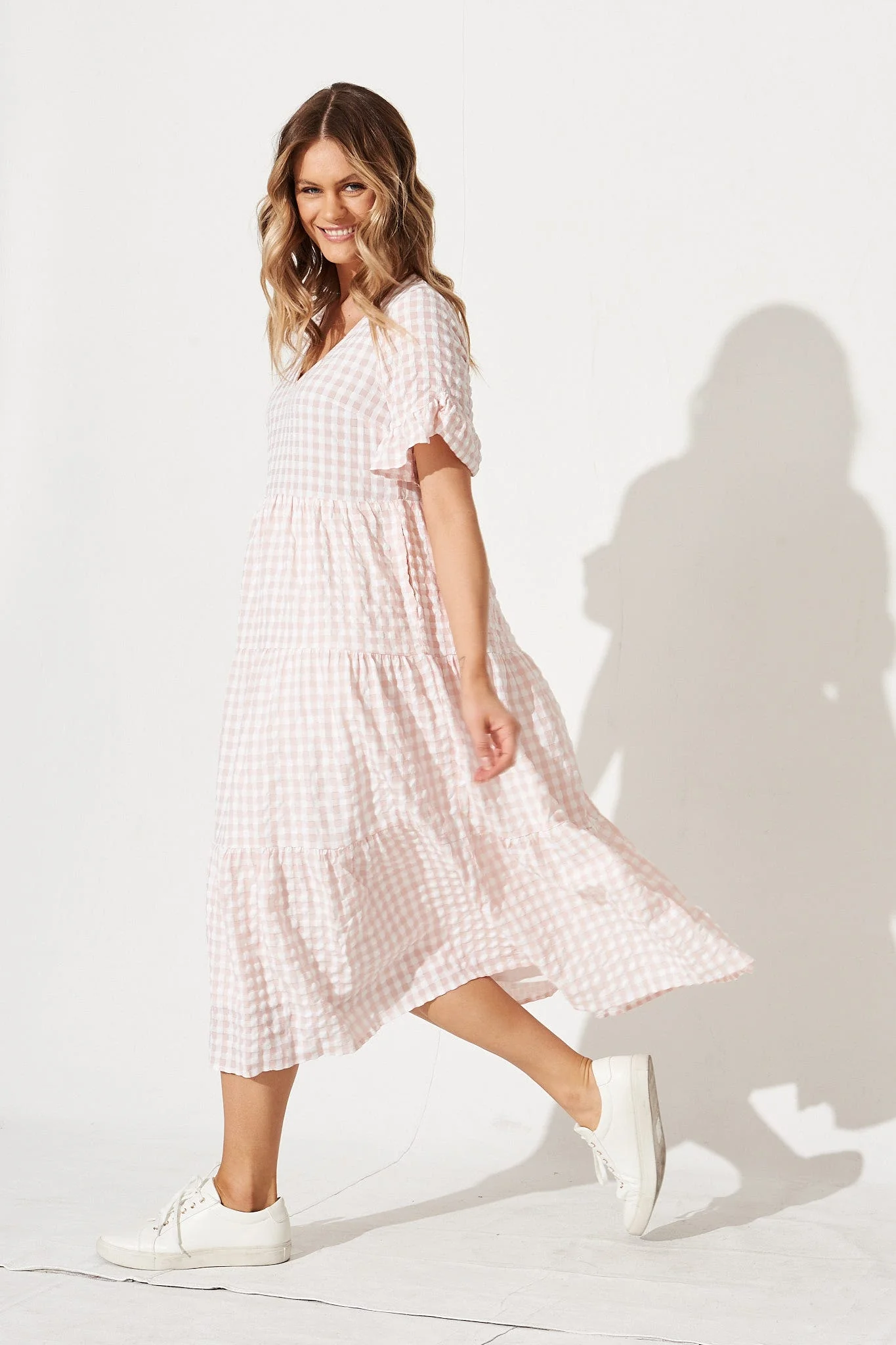 Kristen Midi Smock Dress In Blush Gingham - Image 3