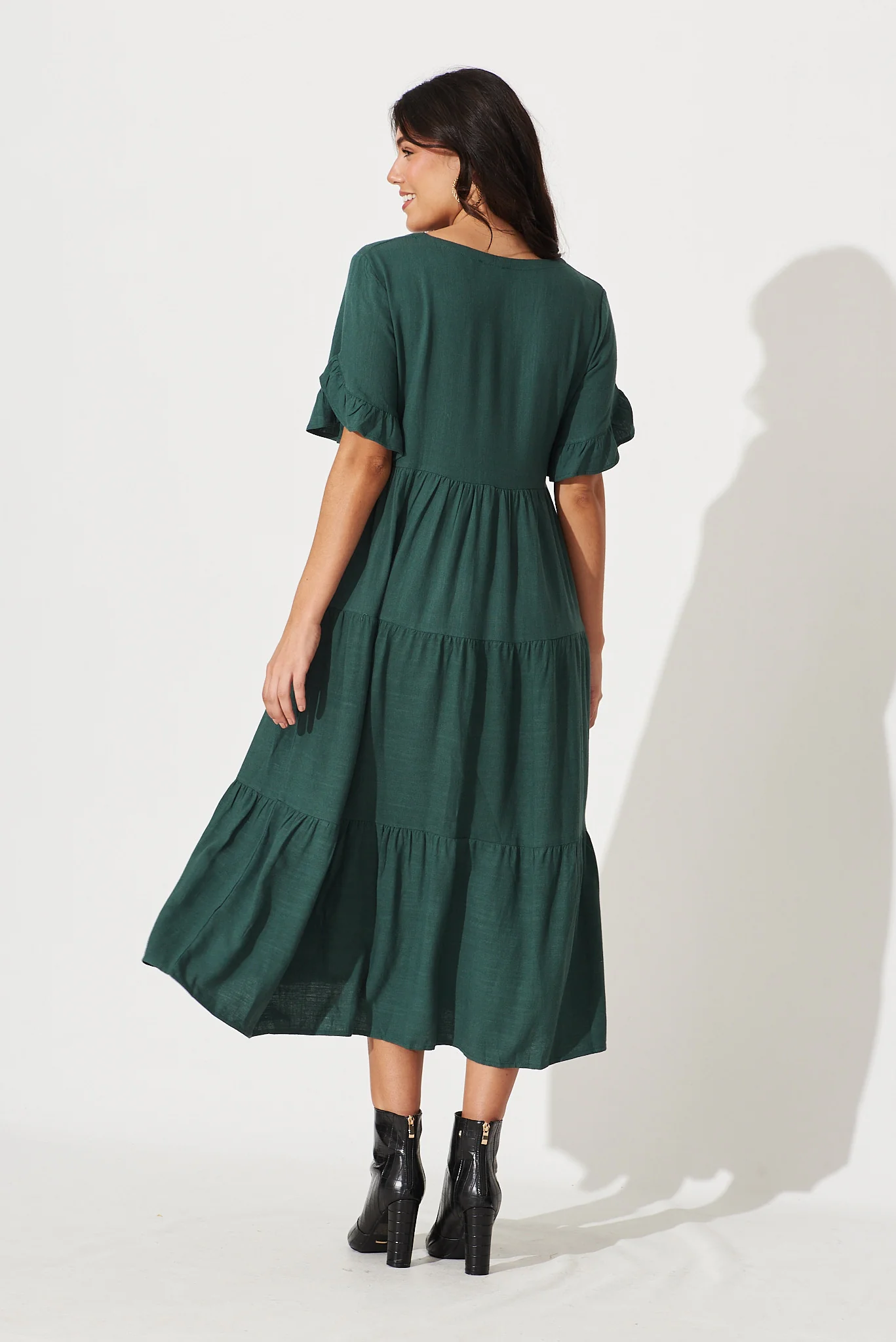 Kristen Midi Smock Dress In Green Linen Blend - Image 5