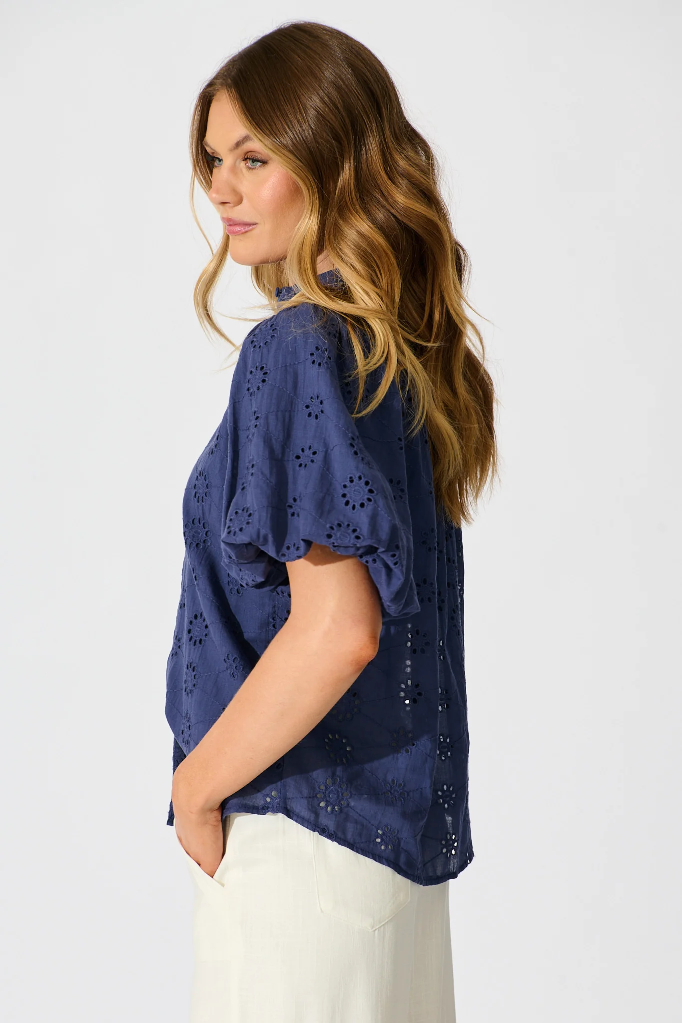 Krizza Top In Navy Embroidered Cotton - Image 2
